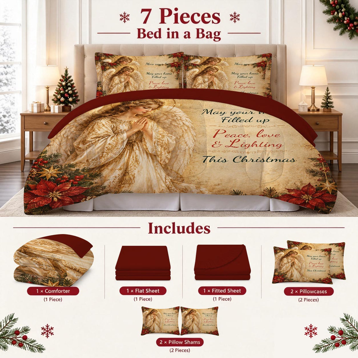 7-Piece Vintage Christmas Angel Comforter Set