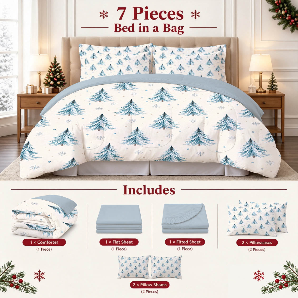 7-Piece Blue Christmas Tree Comforter Set