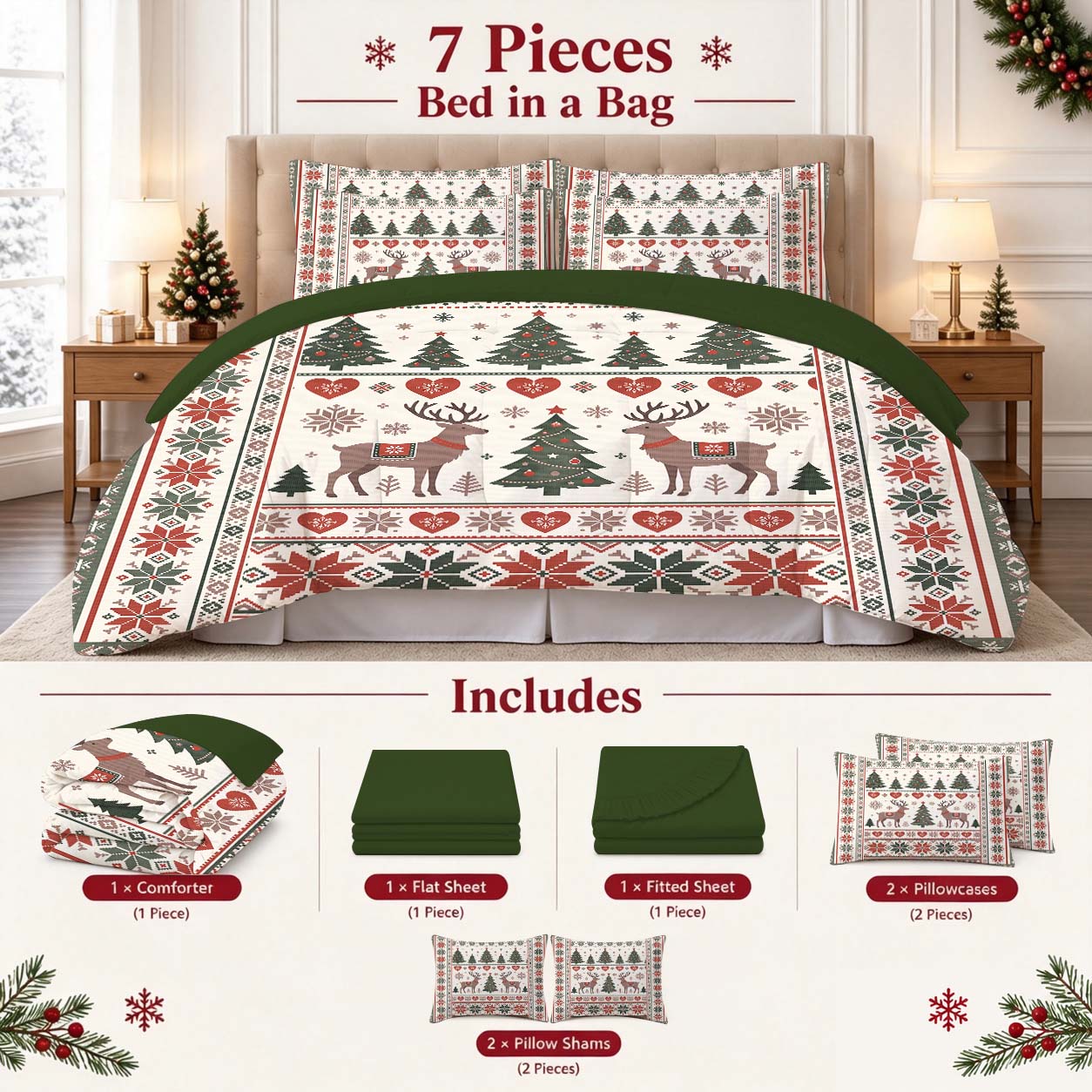 7-Piece Vintage Christmas Reindeer Comforter Set