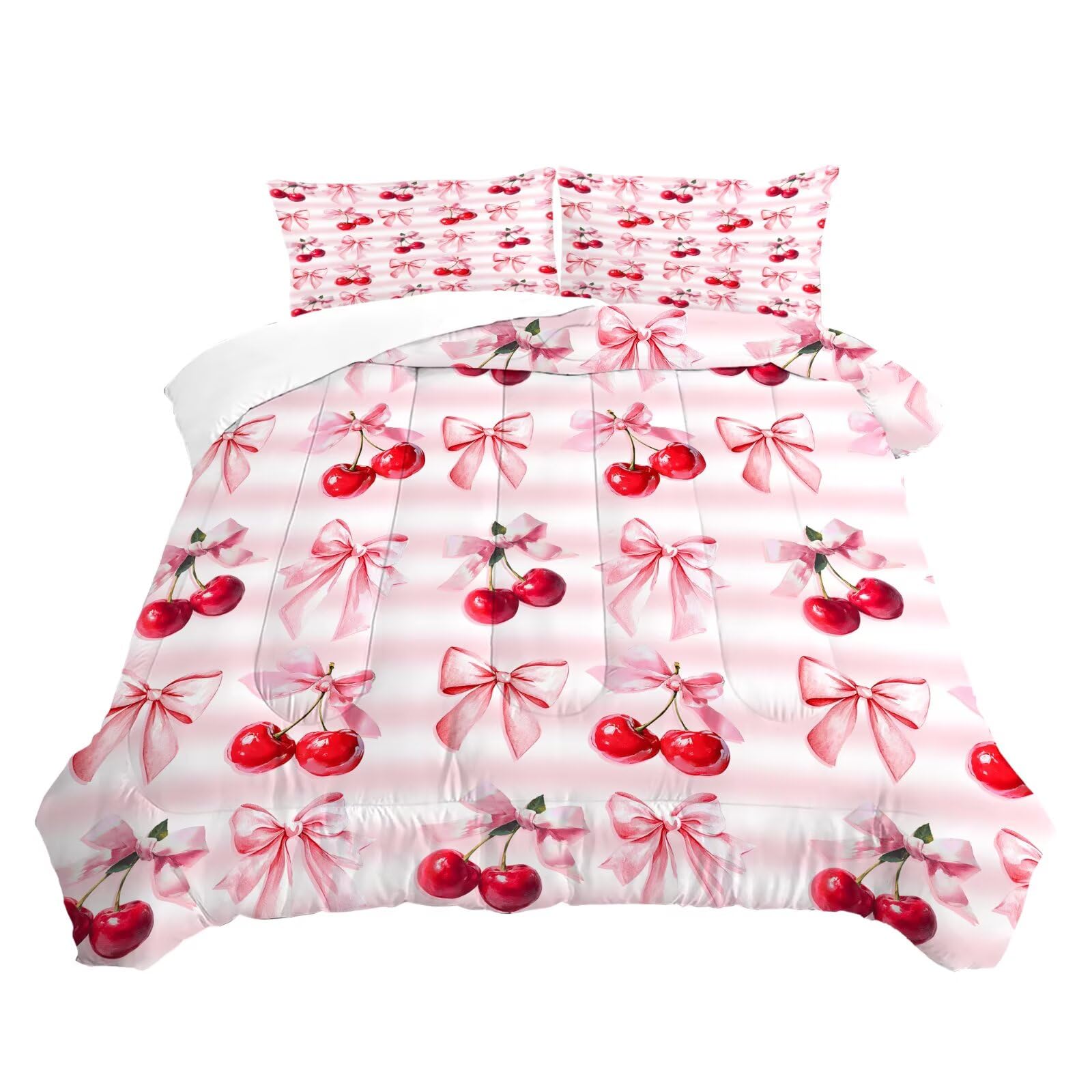 Liveonus 3 Pieces Pink Cherry Kawaii Bowknot Princess Comforter Set