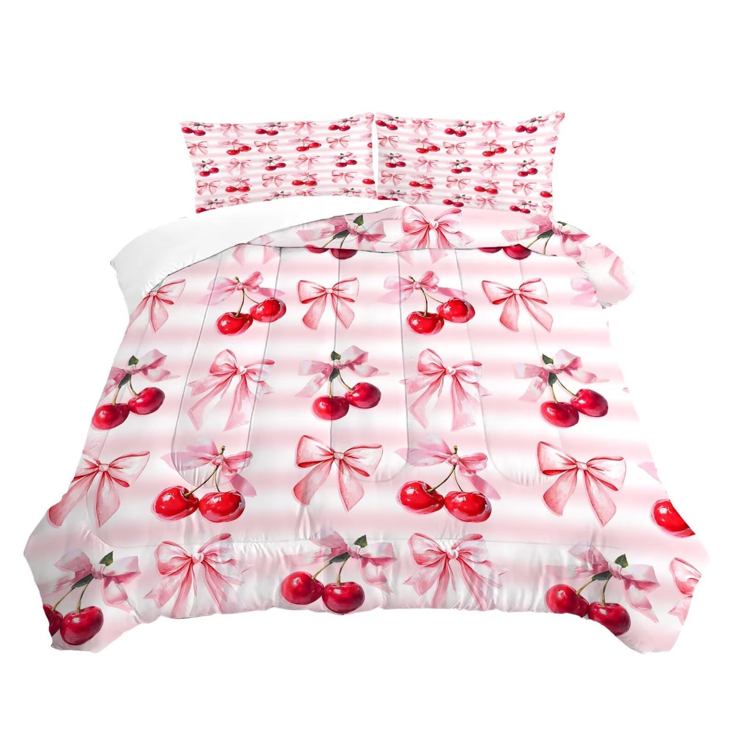 Liveonus 3 Pieces Pink Cherry Kawaii Bowknot Princess Comforter Set