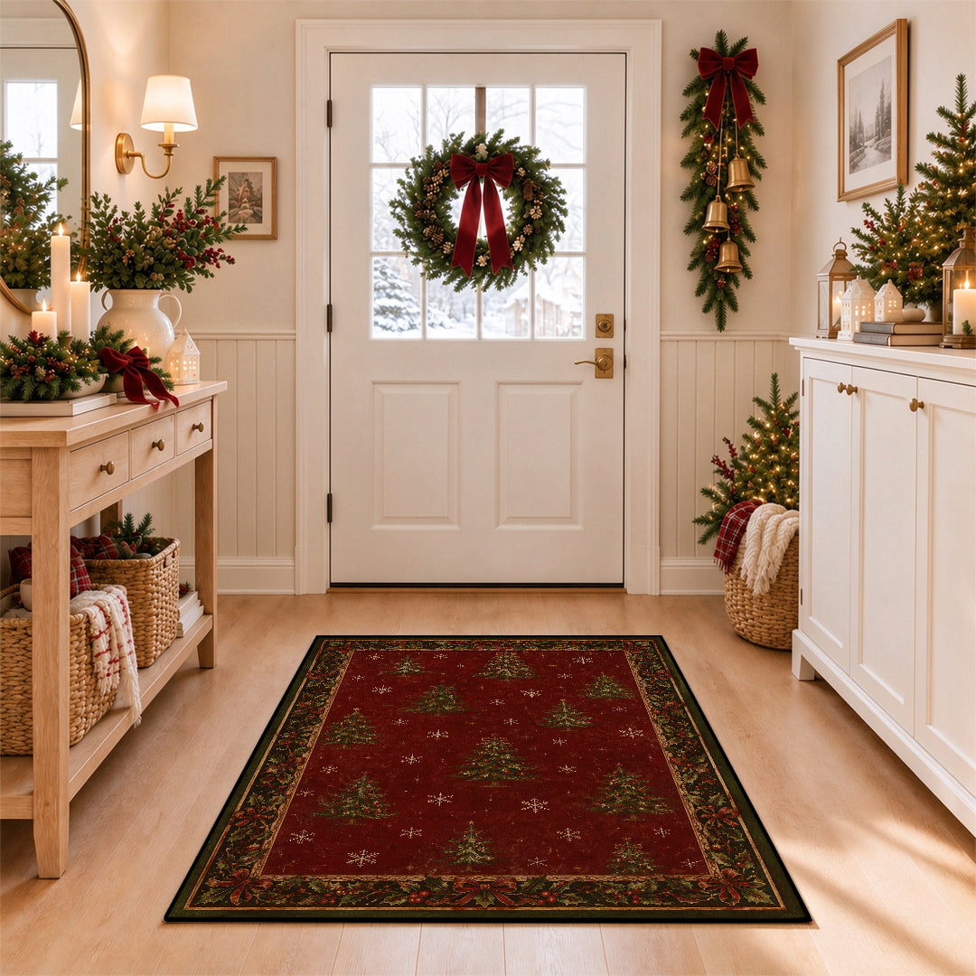 Vintage Christmas Tree Holly Berry Washable Area Rug