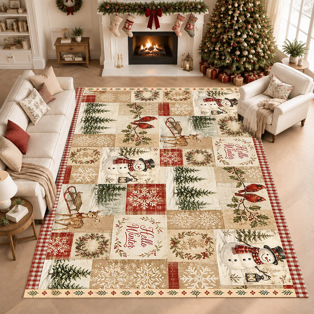Hello Winter Patchwork Christmas Non‑Slip Washable Area Rug