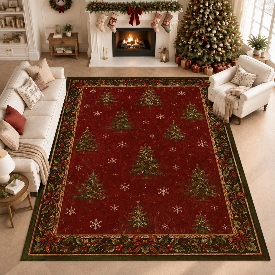 Vintage Christmas Tree Holly Berry Washable Area Rug
