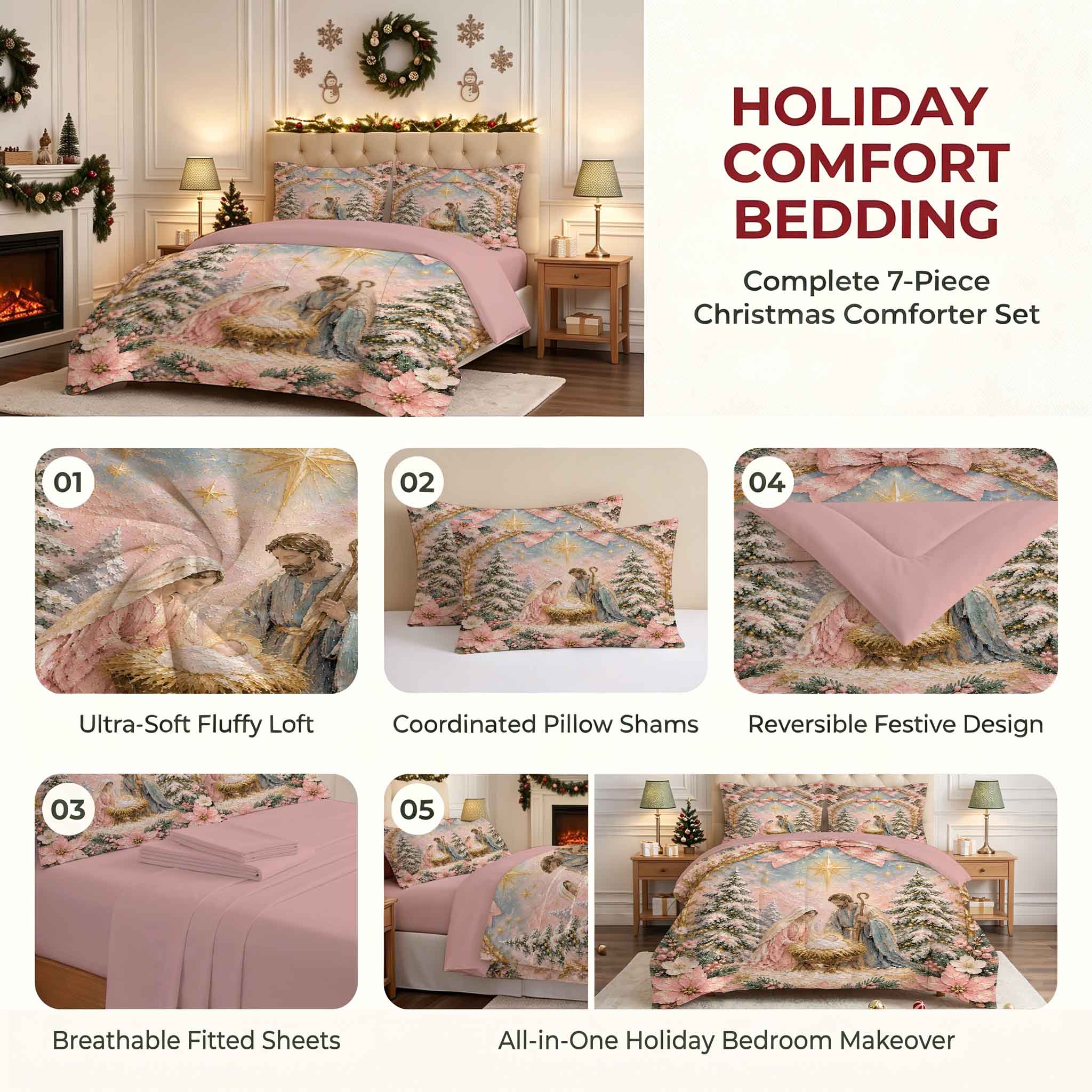 7 Pieces Pink Christmas Nativity Scene Bed in a Bag Bedding Set