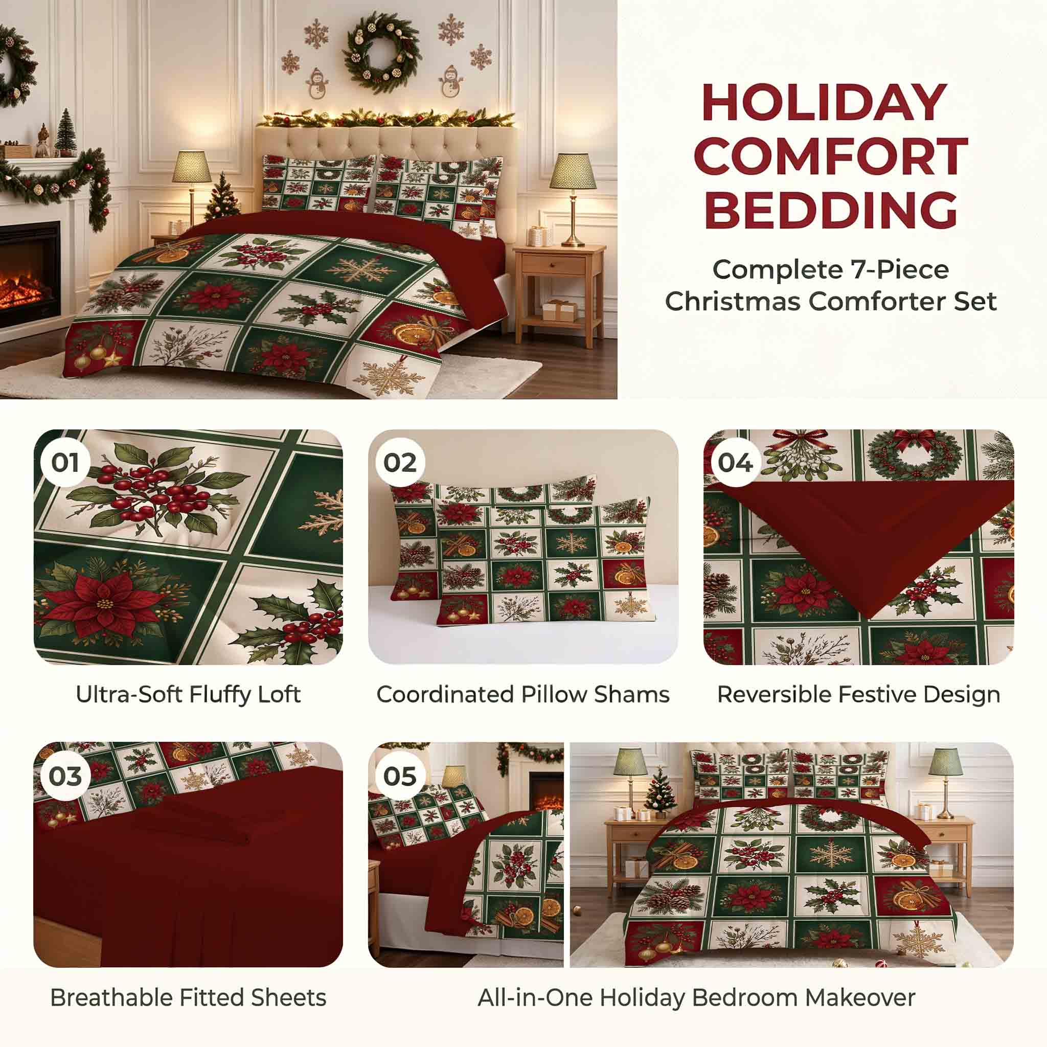 7-Piece Vintage Christmas Patchwork Comforter Set