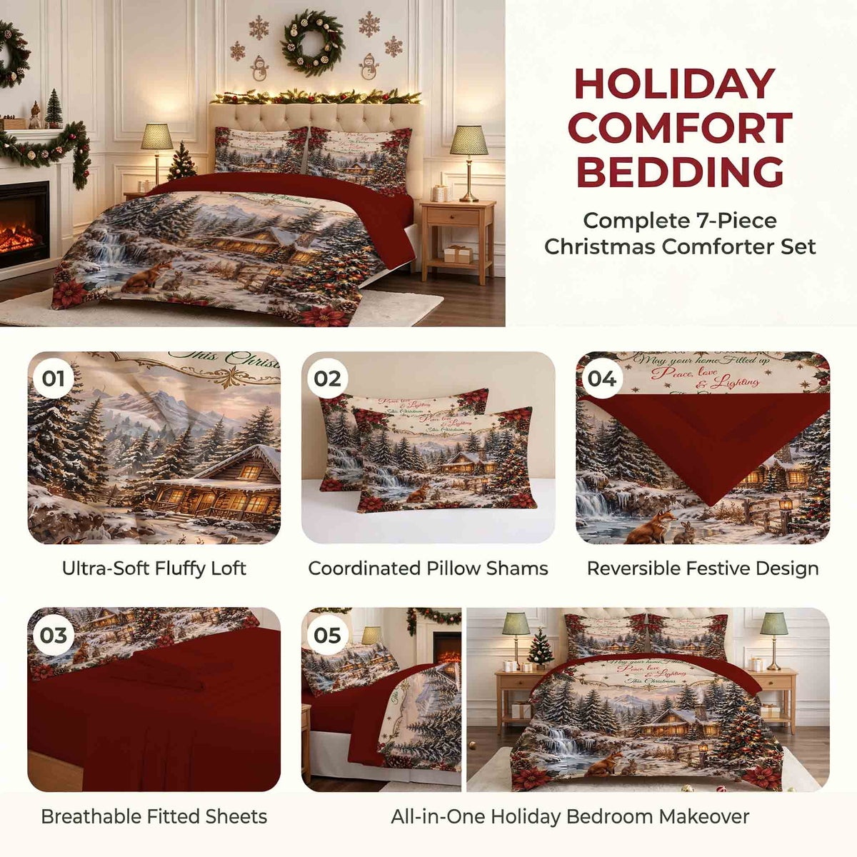 7-Piece Vintage Christmas Cabin Comforter Set