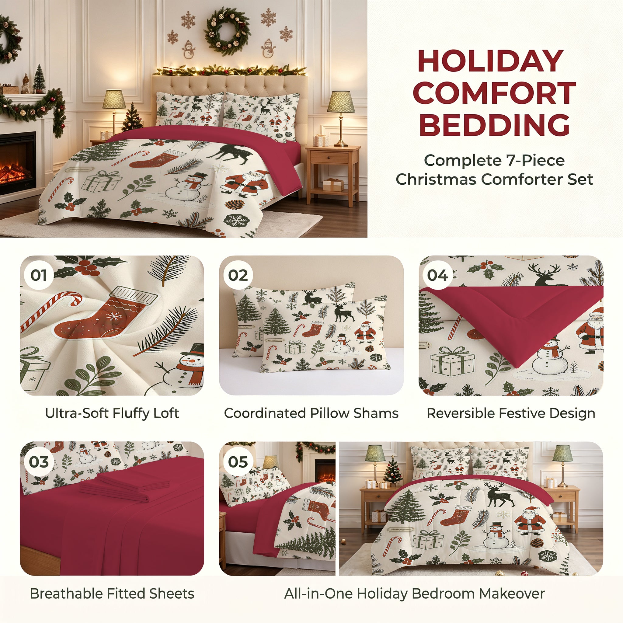 7 Pieces Cute Christmas Soft Lightweight Comforter Set
