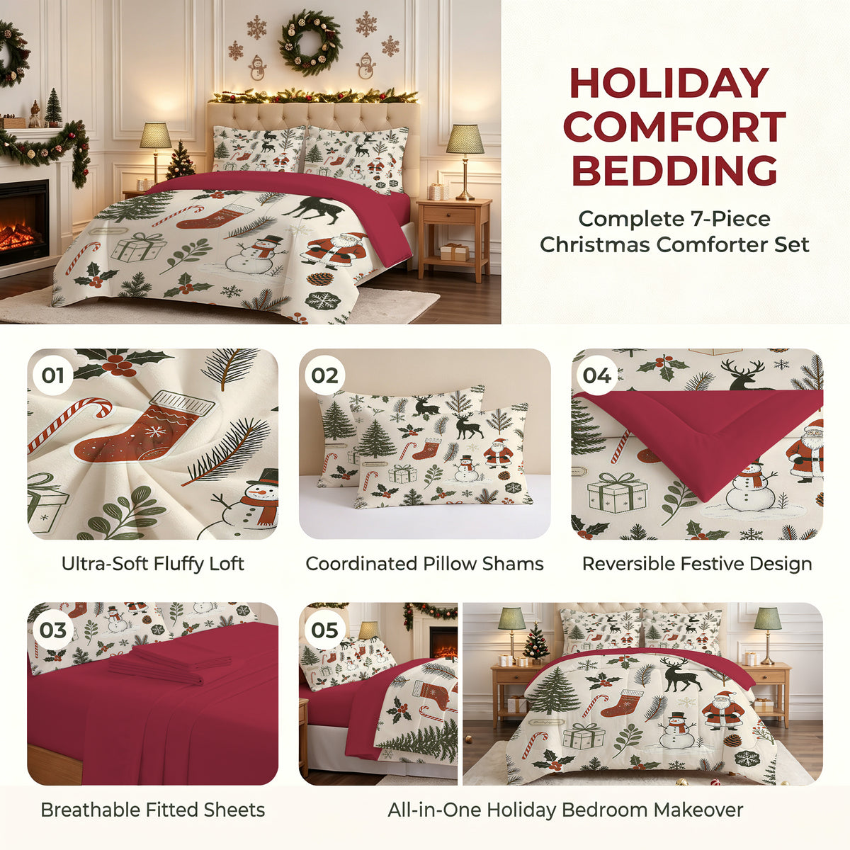 7 Pieces Cute Christmas Soft Lightweight Comforter Set