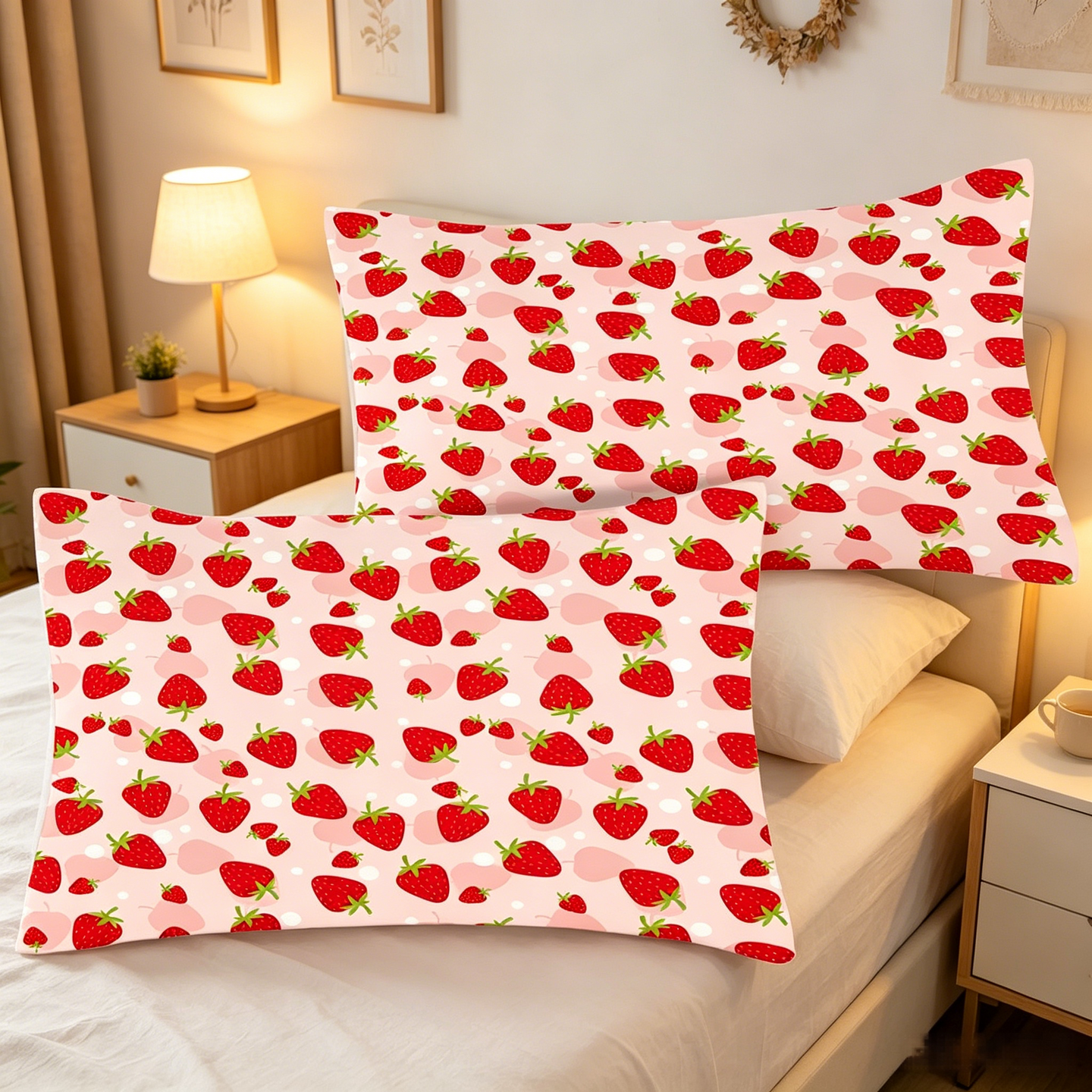 Liveonus Cute Pink Strawberry Print 3 Pieces Soft Lightweight Comforter Bedding Set