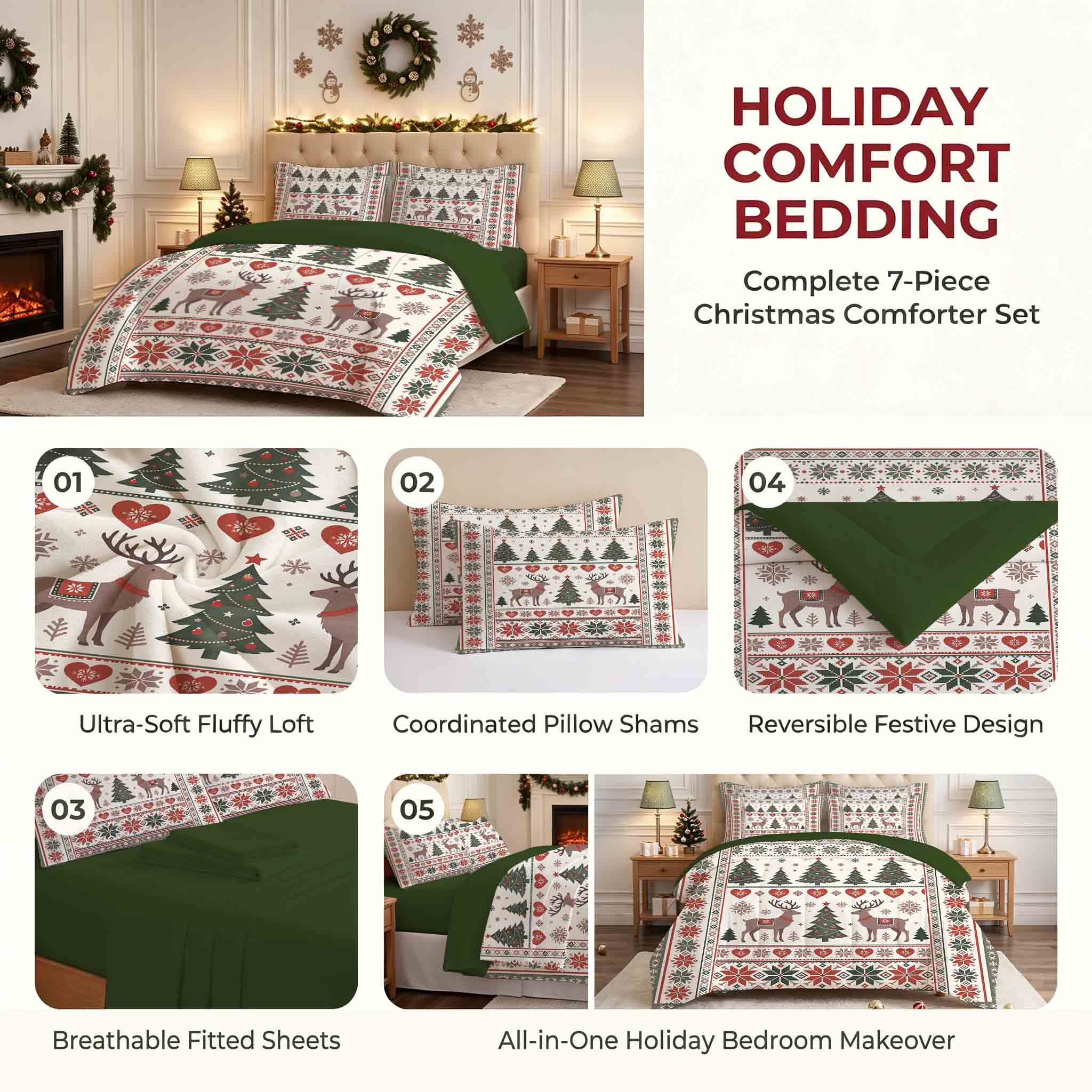 7-Piece Vintage Christmas Reindeer Comforter Set
