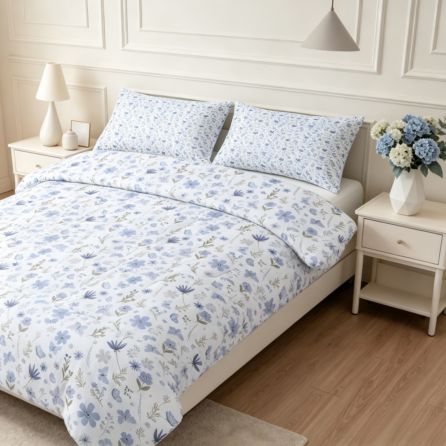 Liveonus Soft Lightweight Blue Butterfly Floral Comforter 3Pcs Bedding Set