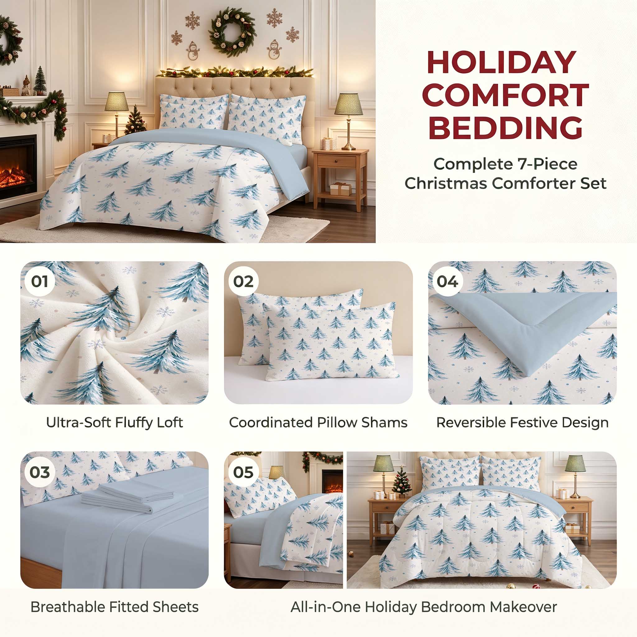 7-Piece Blue Christmas Tree Comforter Set