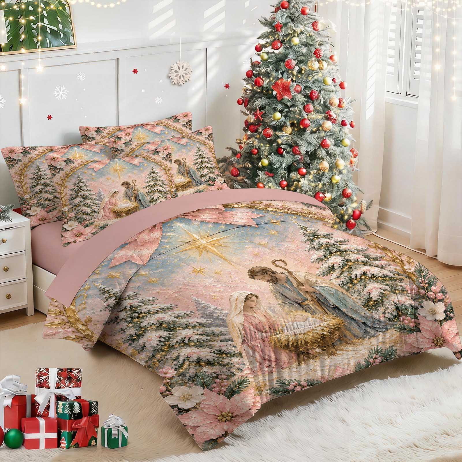 7 Pieces Pink Christmas Nativity Scene Bed in a Bag Bedding Set