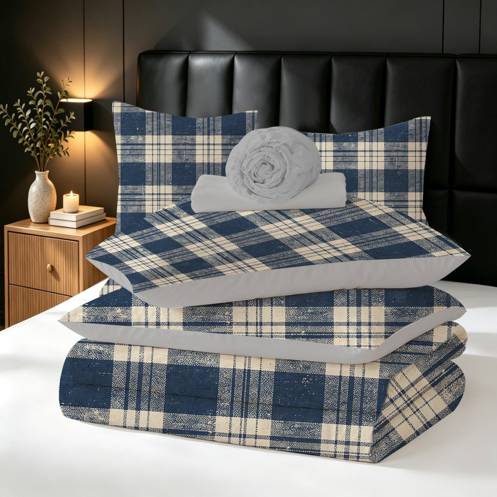7-Piece Blue Plaid Comforter Set