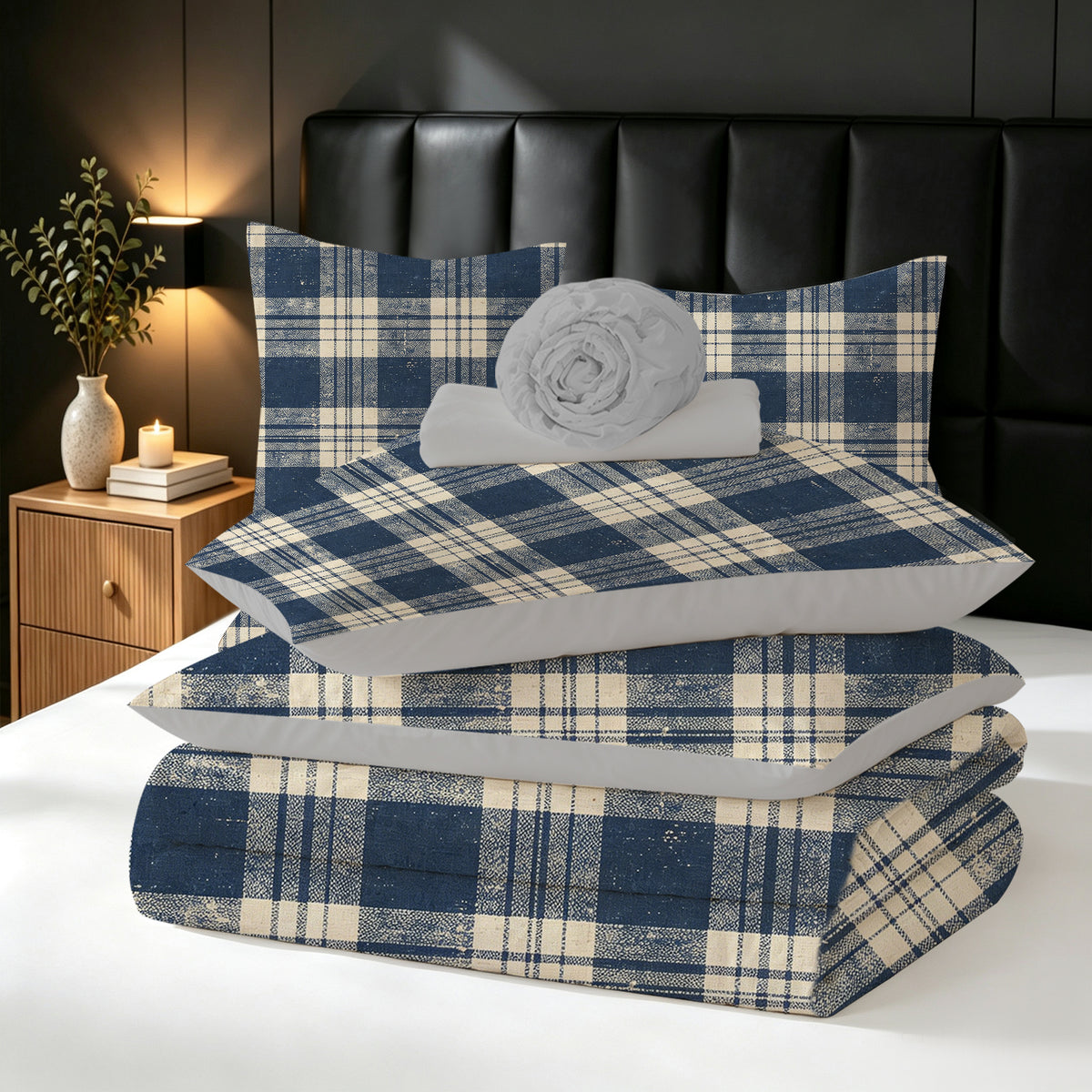 7-Piece Blue Plaid Comforter Set