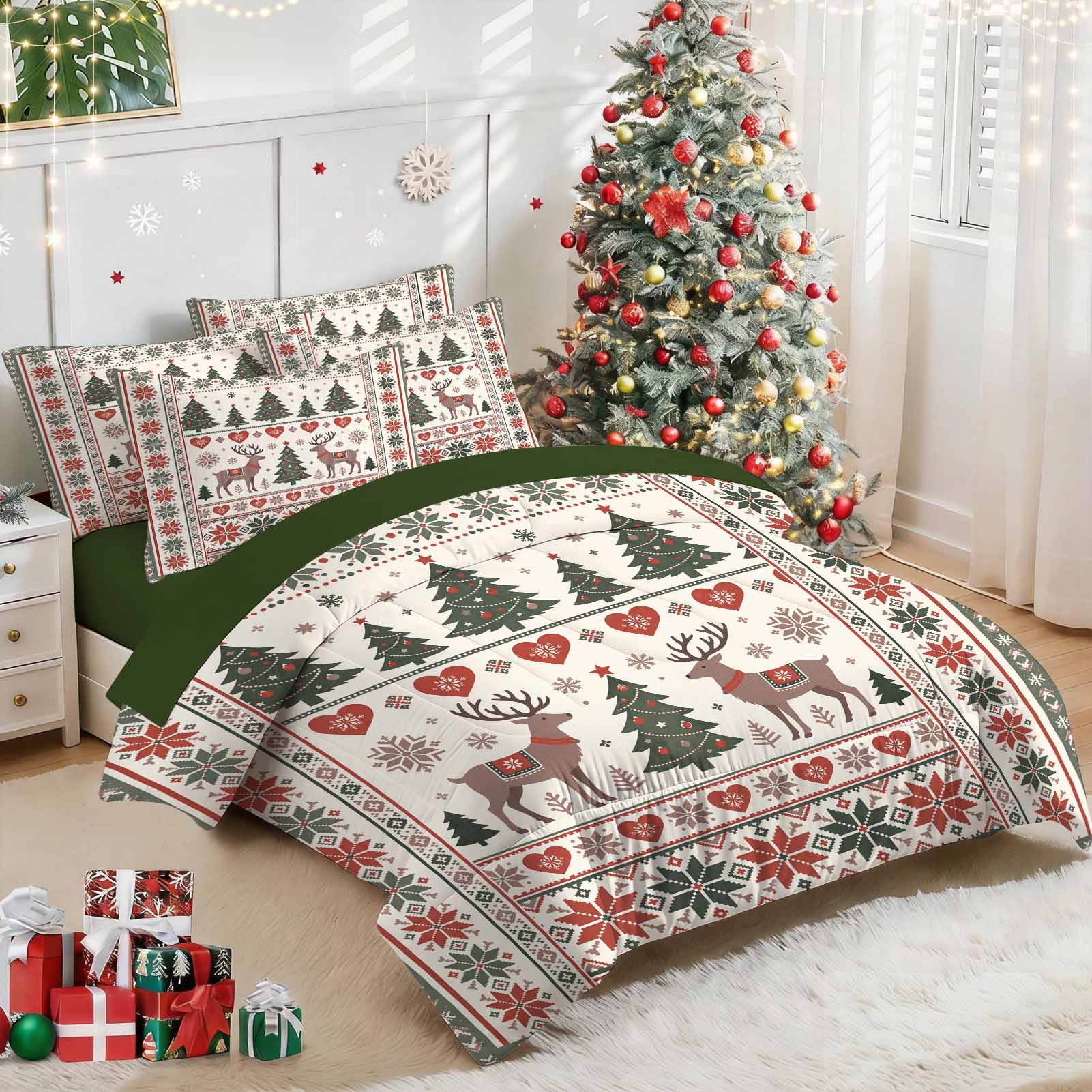 7-Piece Vintage Christmas Reindeer Comforter Set