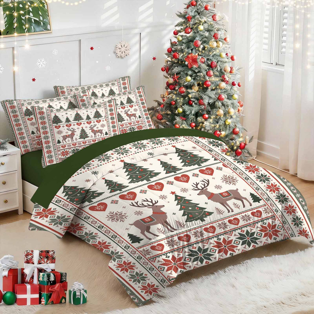 7-Piece Vintage Christmas Reindeer Comforter Set