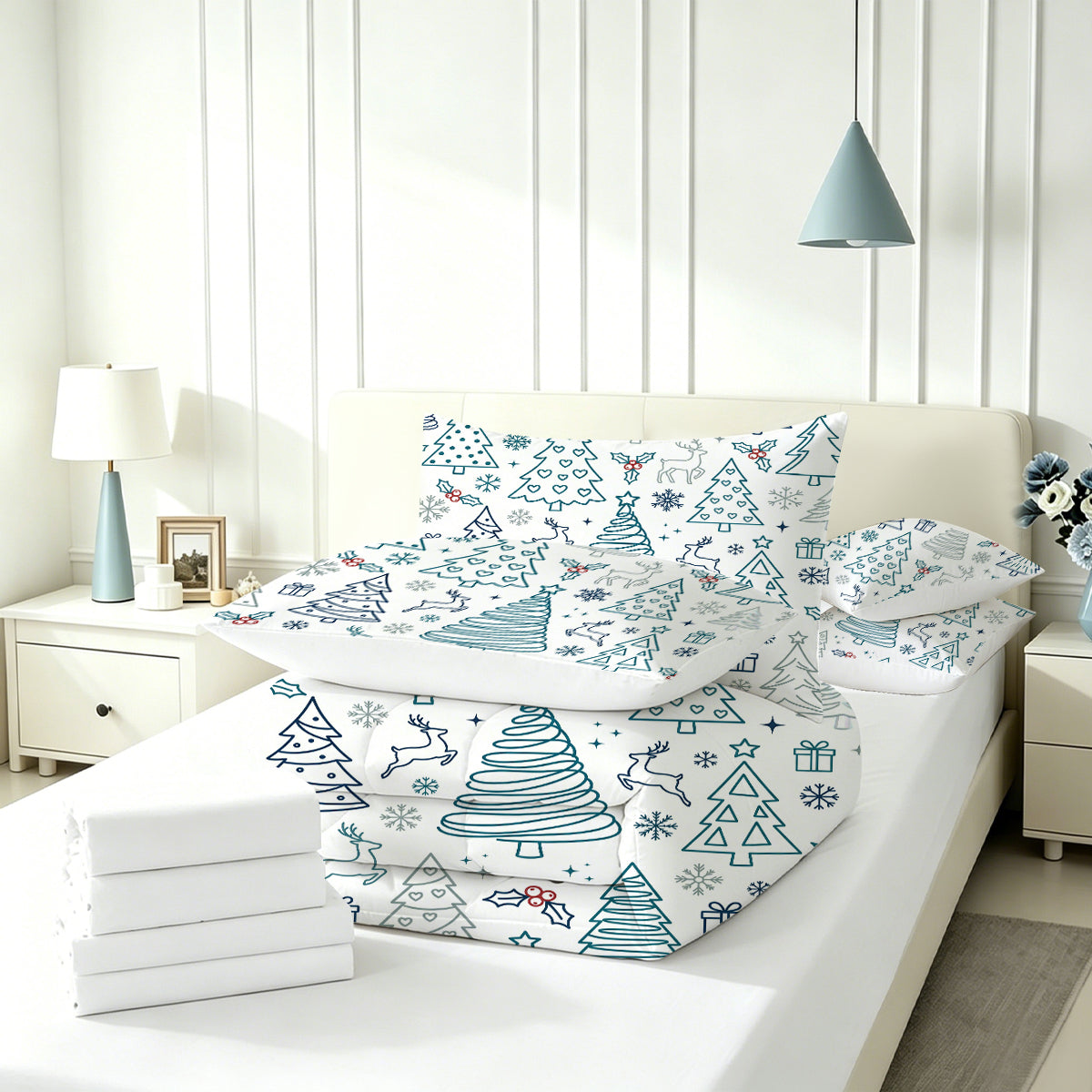 Liveonus 7pc Minimalist Line Art Christmas Tree Complete Bed In A Bag Comforter Set