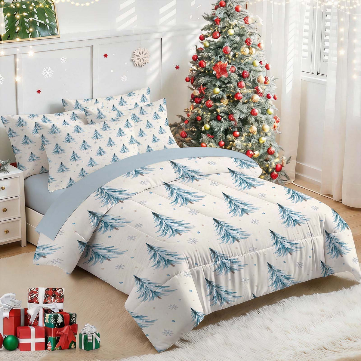 7-Piece Blue Christmas Tree Comforter Set