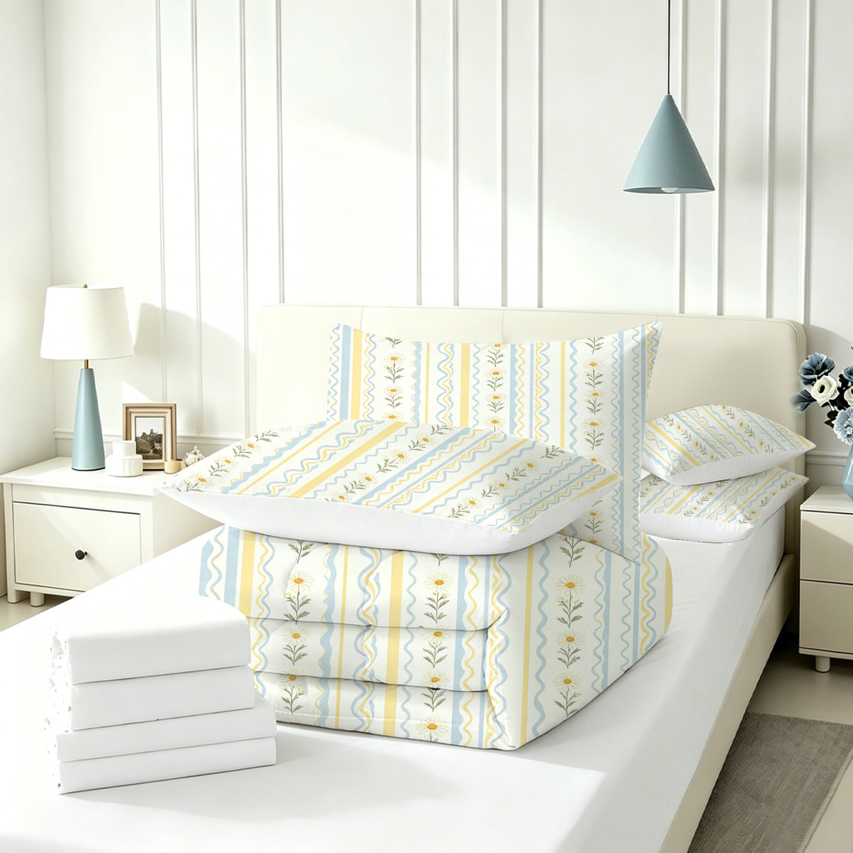 Liveonus 7pc Pastel Daisy Wavy Stripe Complete Bed In A Bag Comforter Set