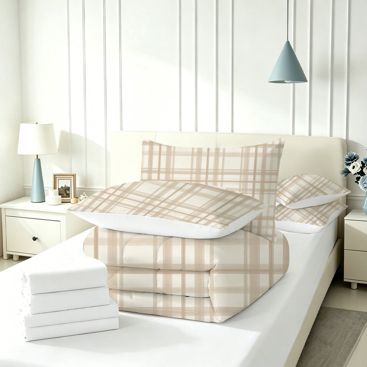 Liveonus 7pc Beige Neutral Plaid Comforter Set All Season Bedding