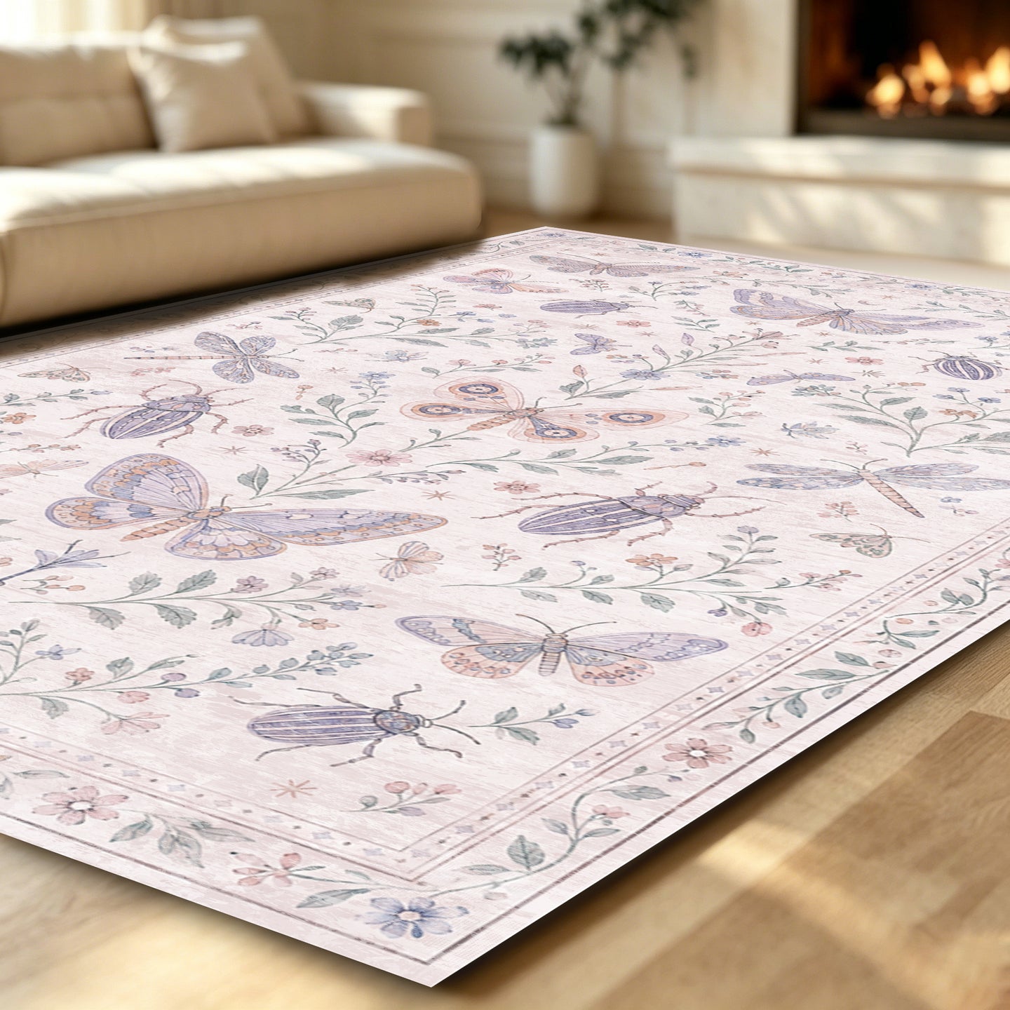 Liveonus Vintage Butterfly Insect Botanical Washable Area Rug