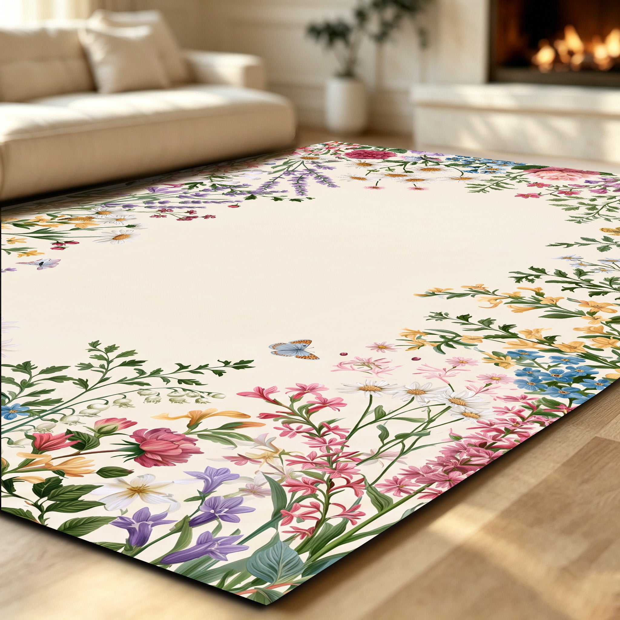 Liveonus Vintage Wildflower Floral Border Non‑Slip Area Rug