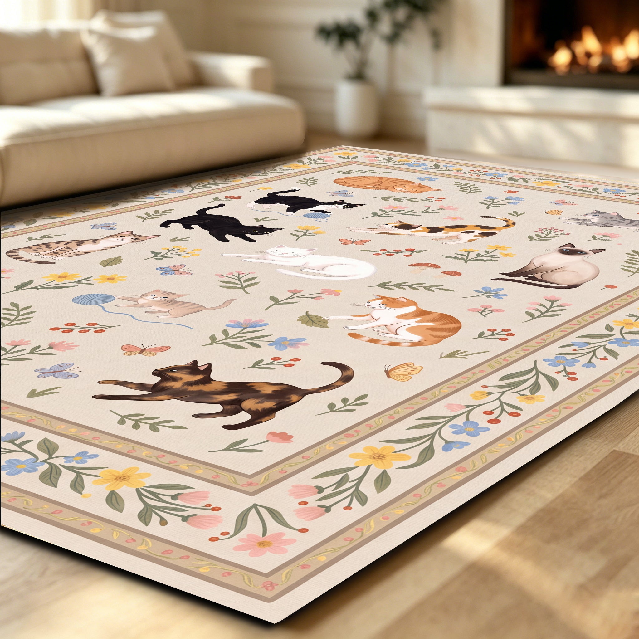 Liveonus Cute Cartoon Cat Floral Washable Area Rug
