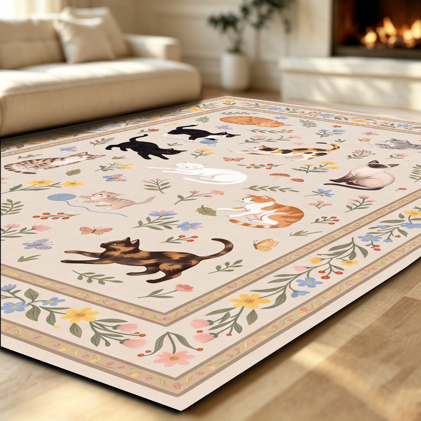 Liveonus Cute Cartoon Cat Floral Washable Area Rug
