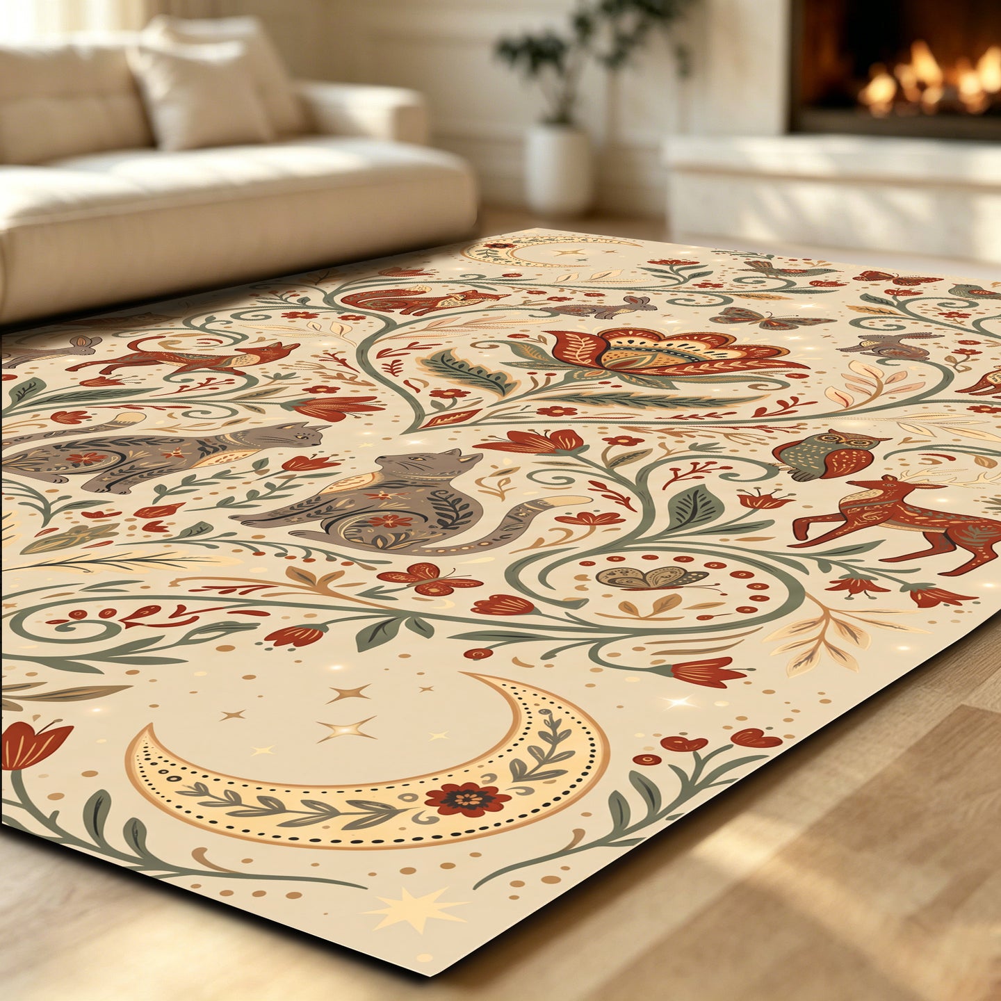 Liveonus Folk Art Forest Animal Moon Floral Washable Area Rug