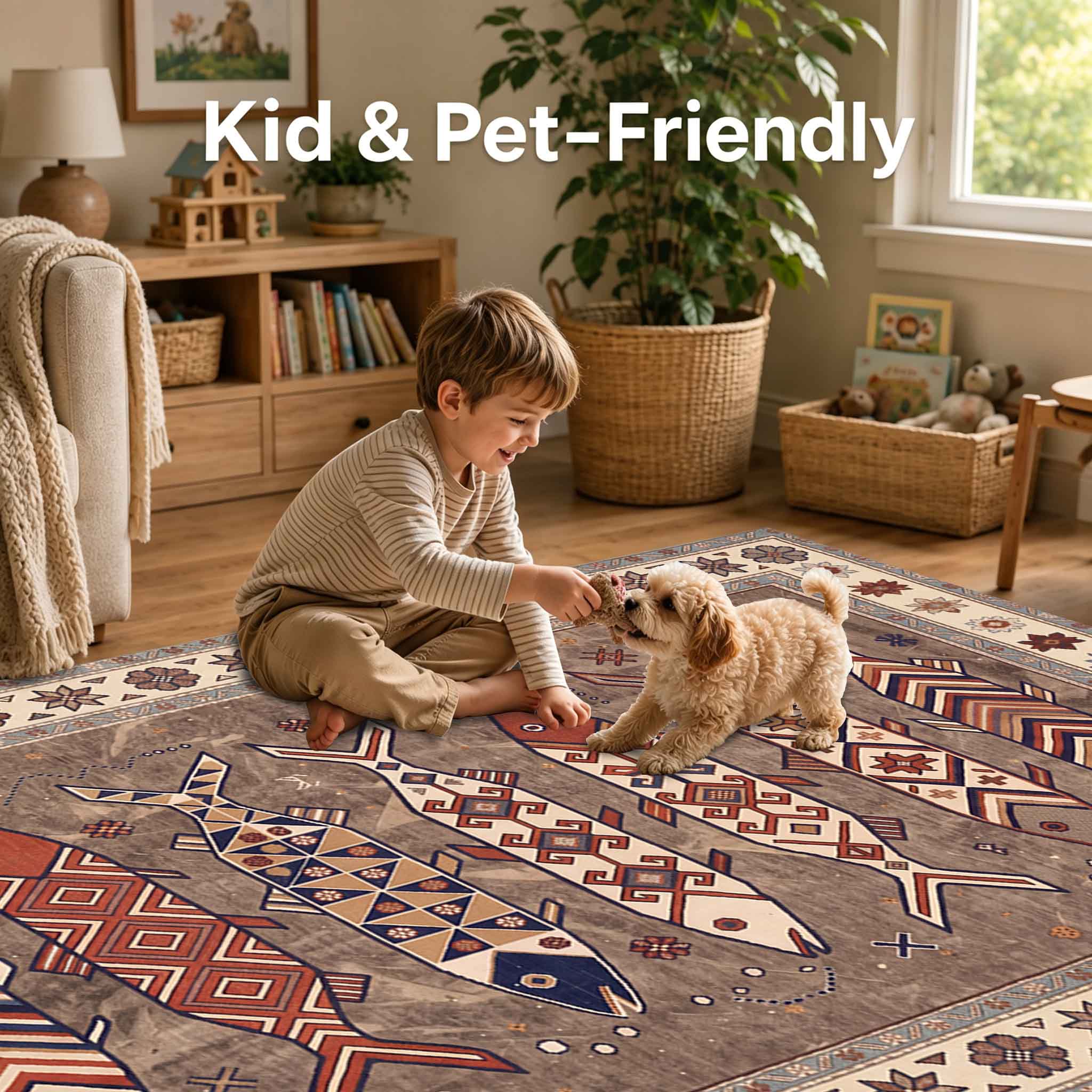 Vintage Boho Fish Non Slip Washable Area Rug