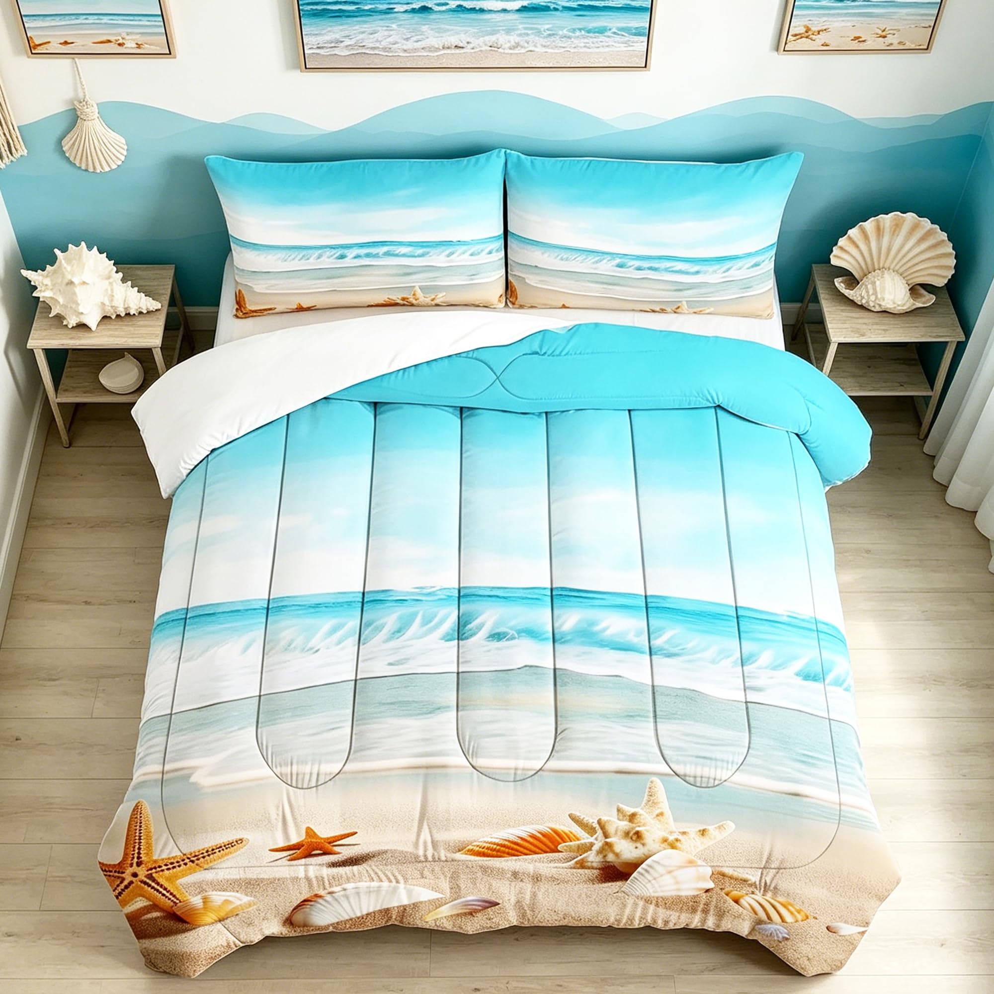 Liveonus 3 Pieces Microfiber Soft Fluffy Beach Themed Coastal Ocean Comforter Sets