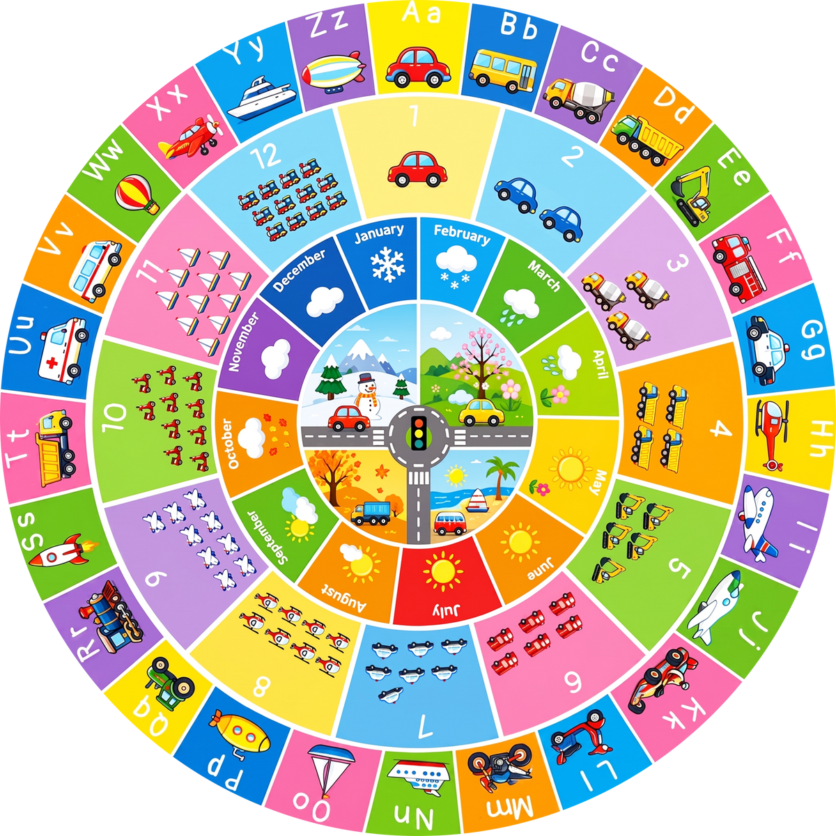 Round Colorful Alphabet Number Kids Area Rug