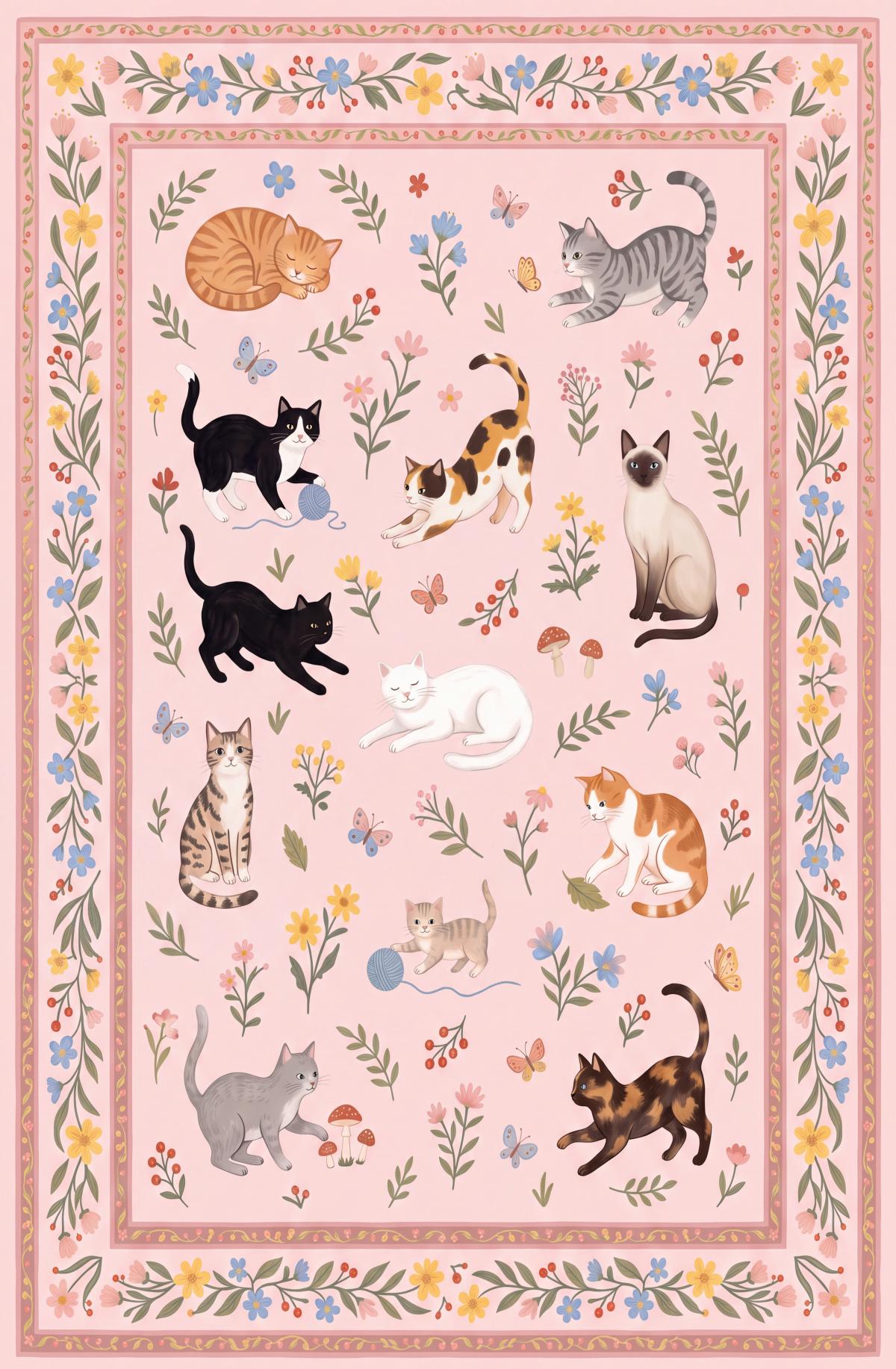 Liveonus Cute Cartoon Cat Floral Washable Area Rug