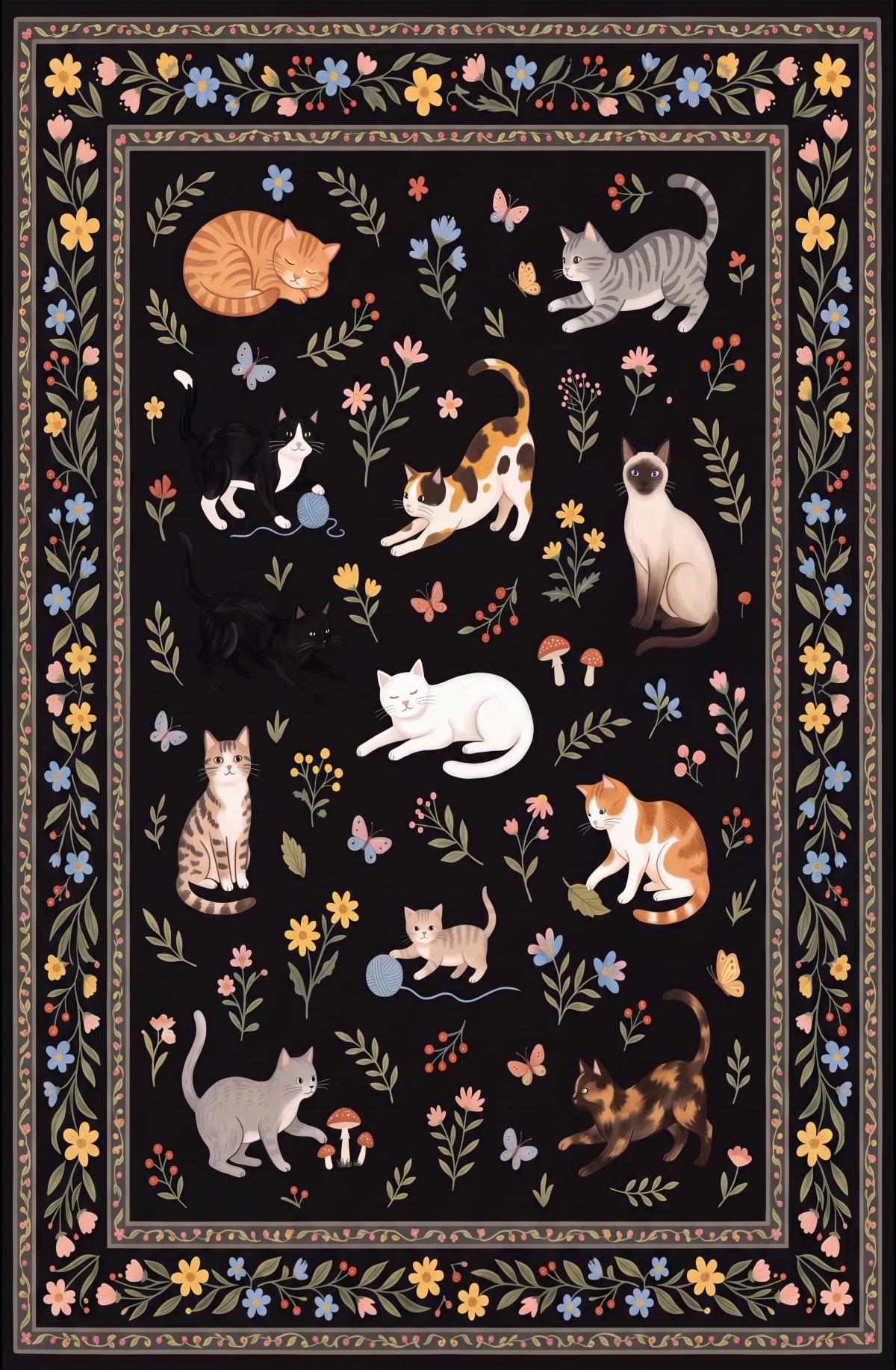 Liveonus Cute Cartoon Cat Floral Washable Area Rug