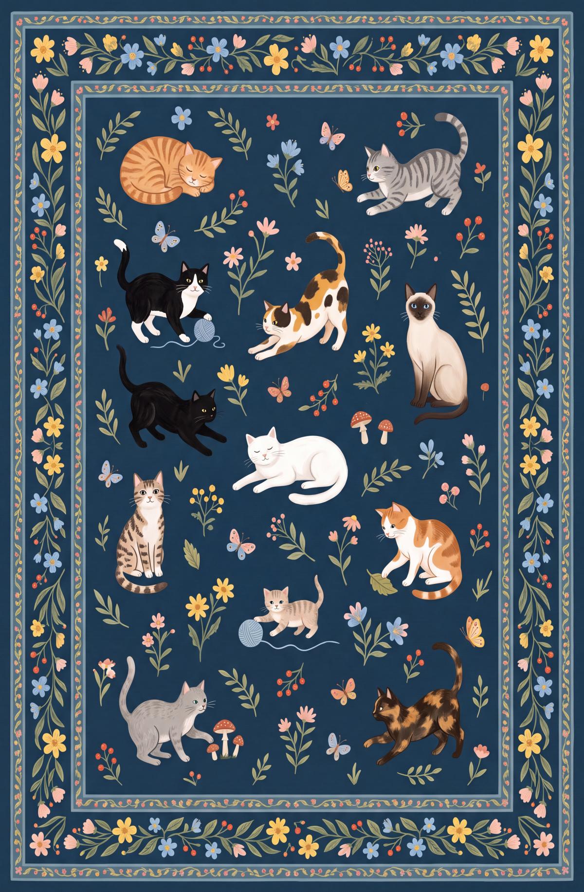Liveonus Cute Cartoon Cat Floral Washable Area Rug
