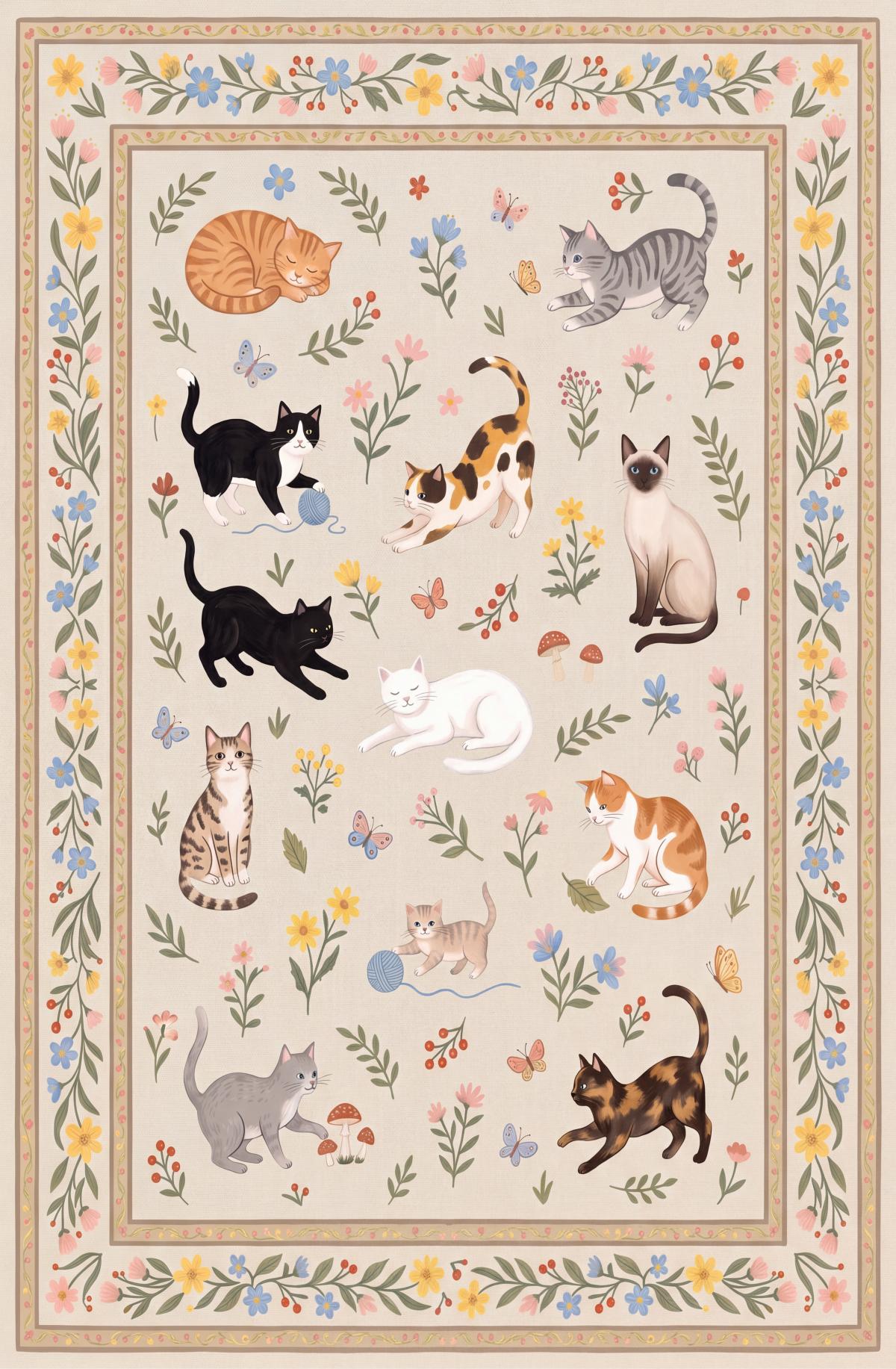 Liveonus Cute Cartoon Cat Floral Washable Area Rug