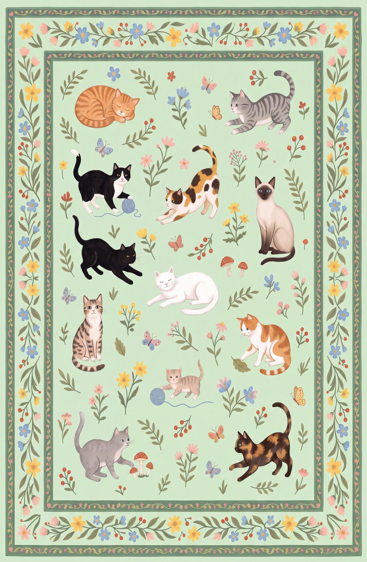 Liveonus Cute Cartoon Cat Floral Washable Area Rug