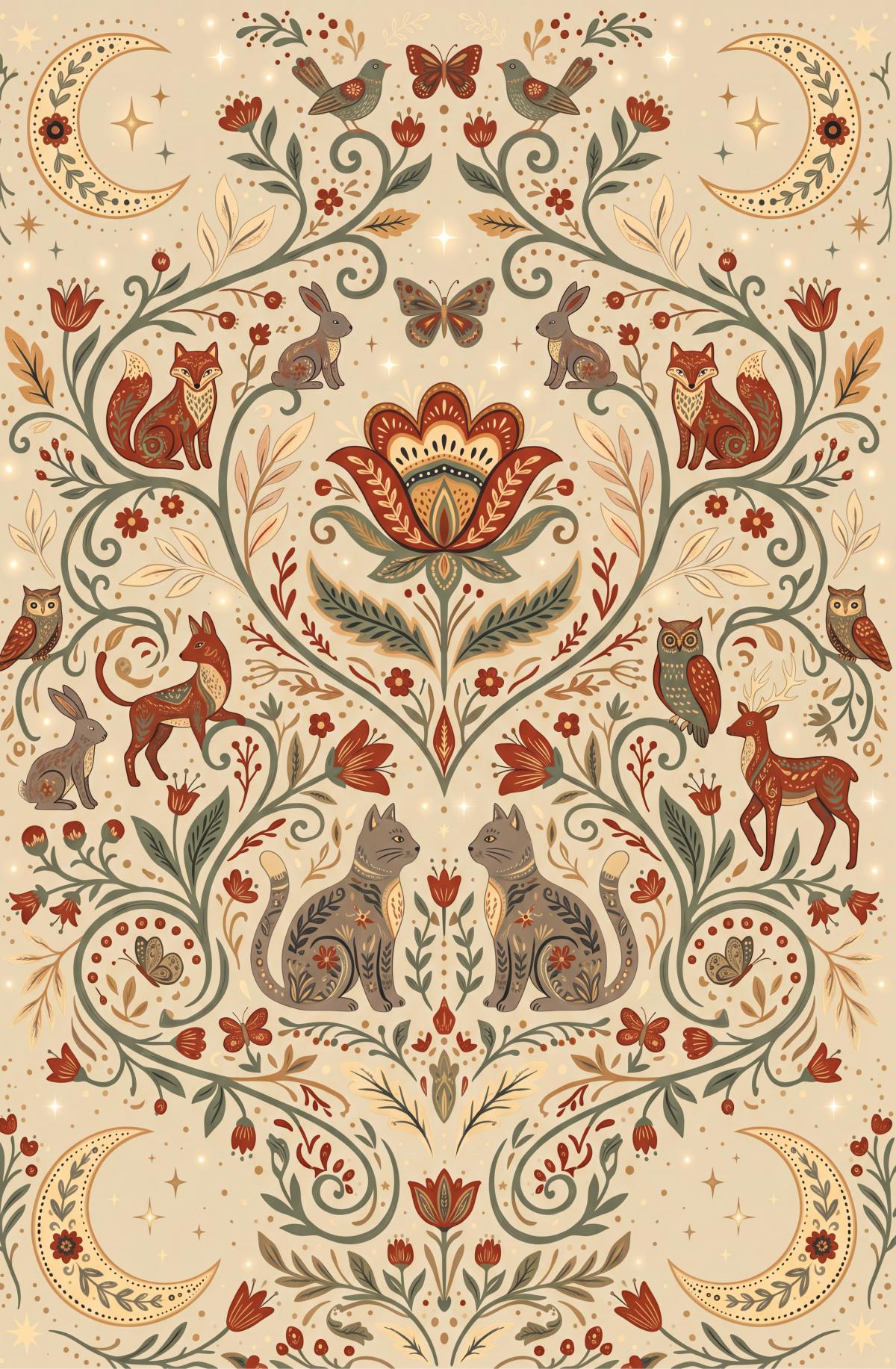 Liveonus Folk Art Forest Animal Moon Floral Washable Area Rug