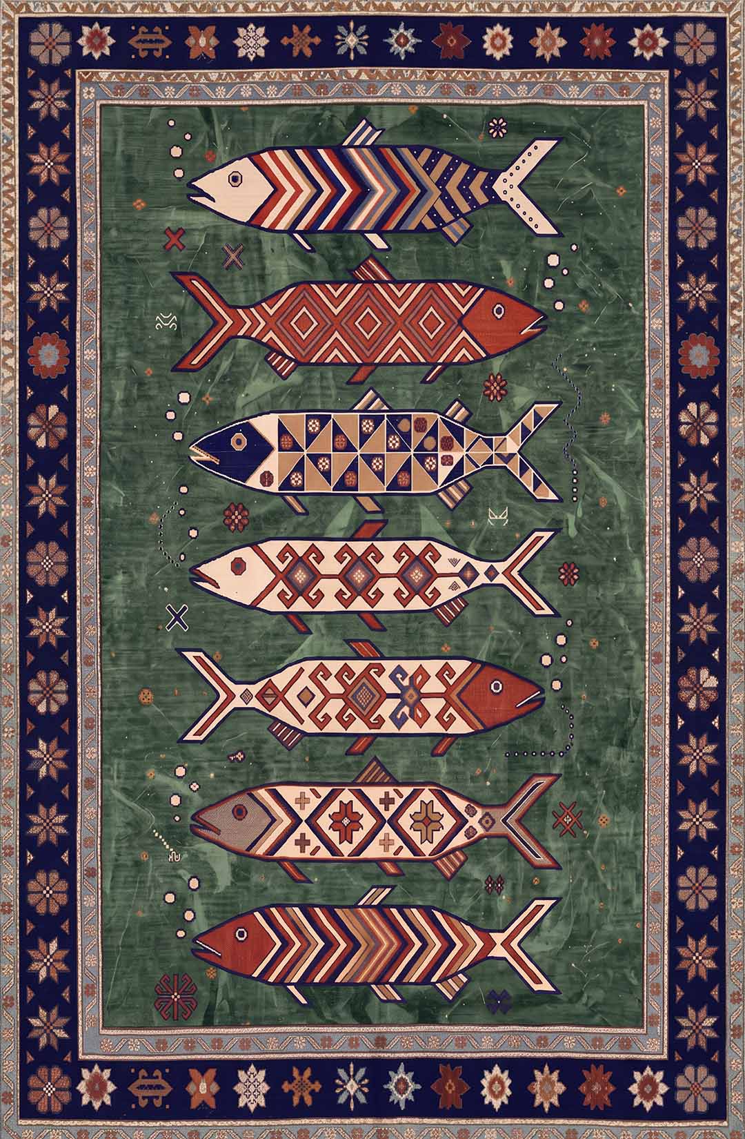Vintage Boho Fish Non Slip Washable Area Rug