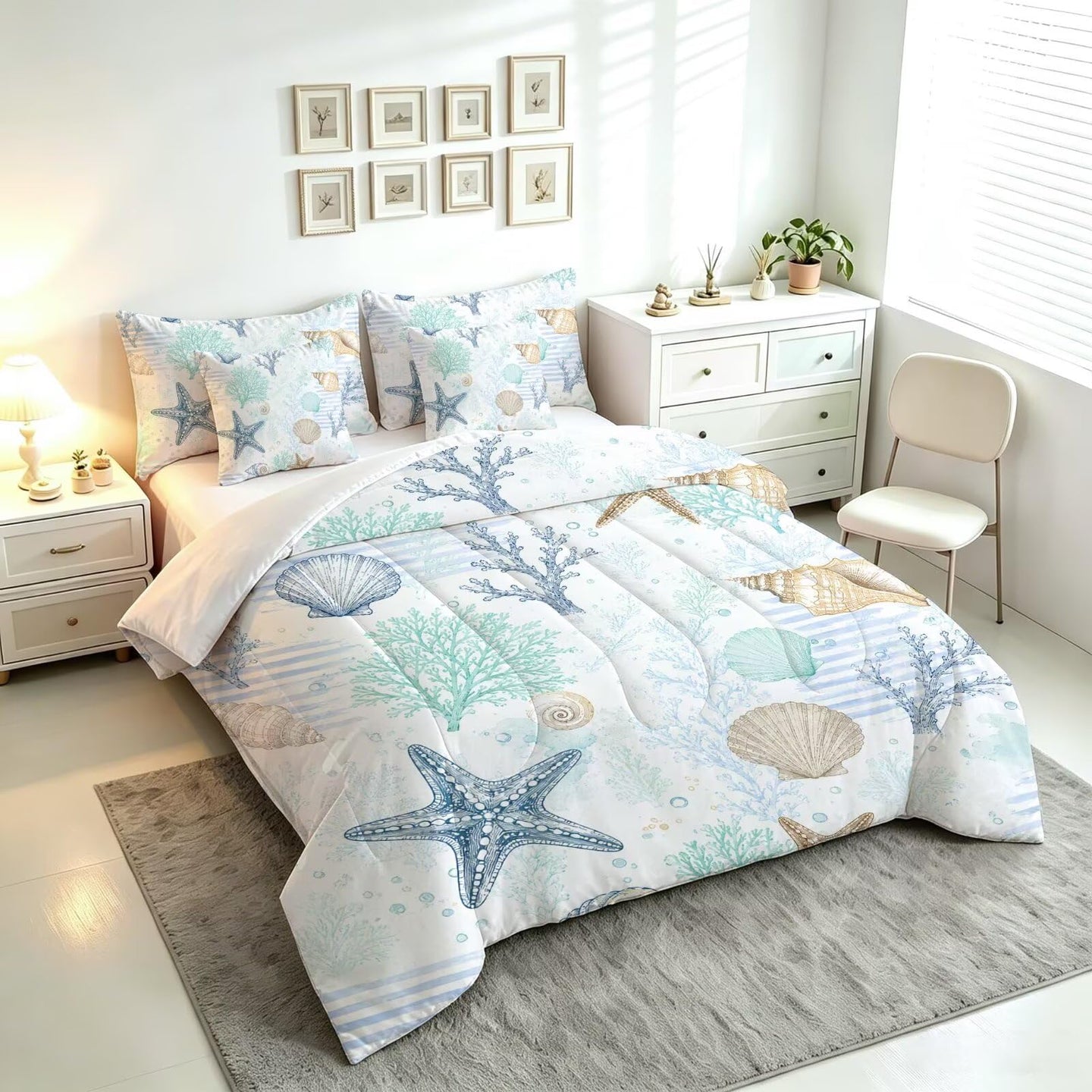 Liveonus 7 Pieces Coastal Ocean Seashell Starfish Comforter Set for All Season