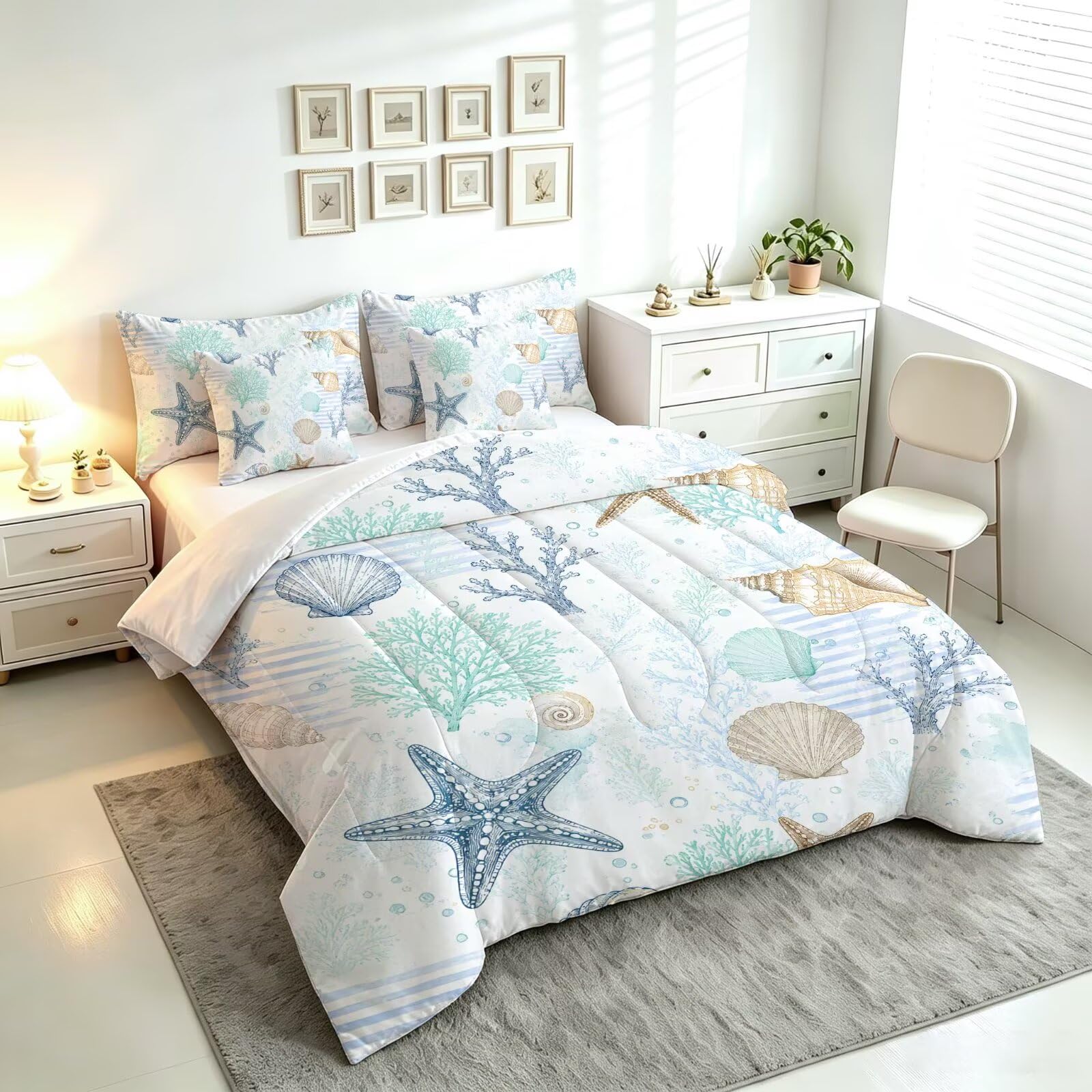 Liveonus 7 Pieces Coastal Ocean Seashell Starfish Comforter Set for All Season