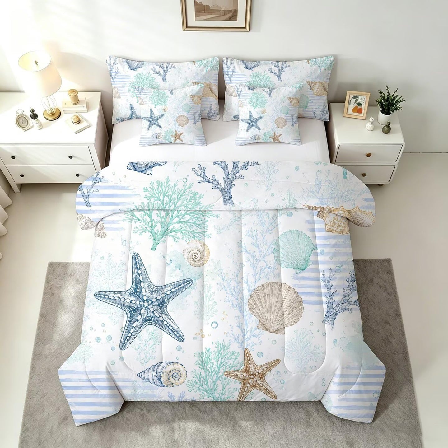 Liveonus 7 Pieces Coastal Ocean Seashell Starfish Comforter Set for All Season