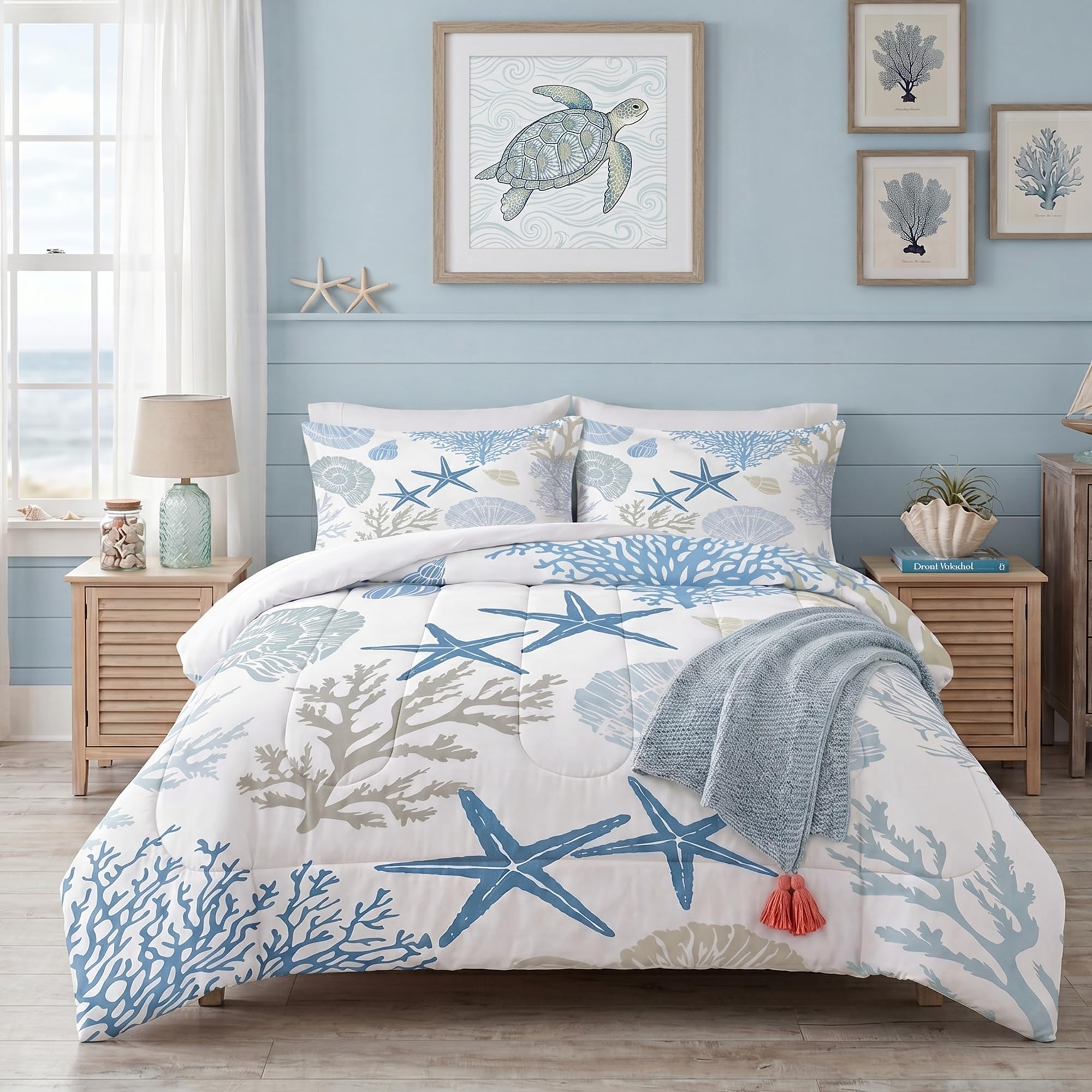 Liveonus 3 Piece Soft Beach Themed Coastal Comforter Set for All Season