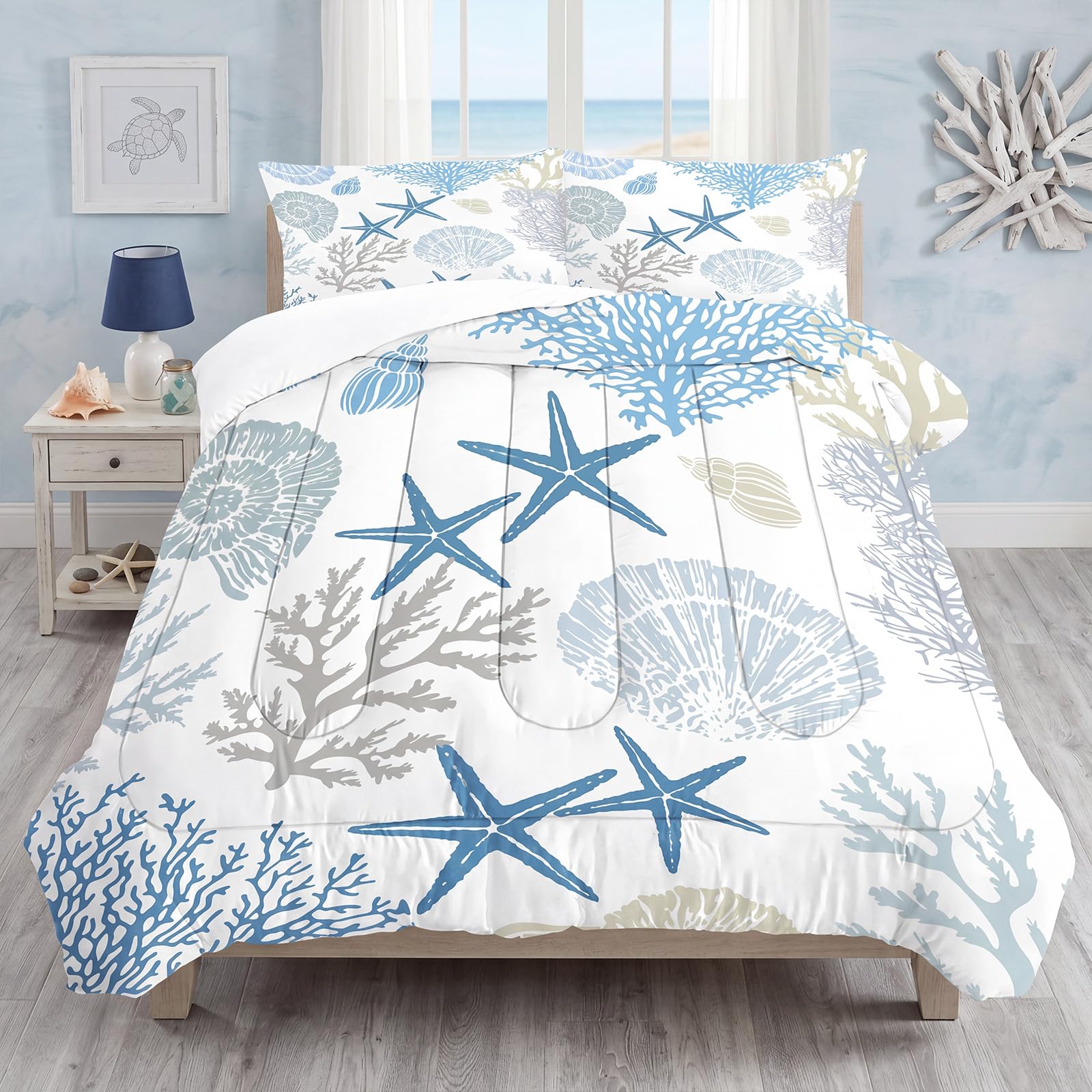 Liveonus 3 Piece Soft Beach Themed Coastal Comforter Set for All Season