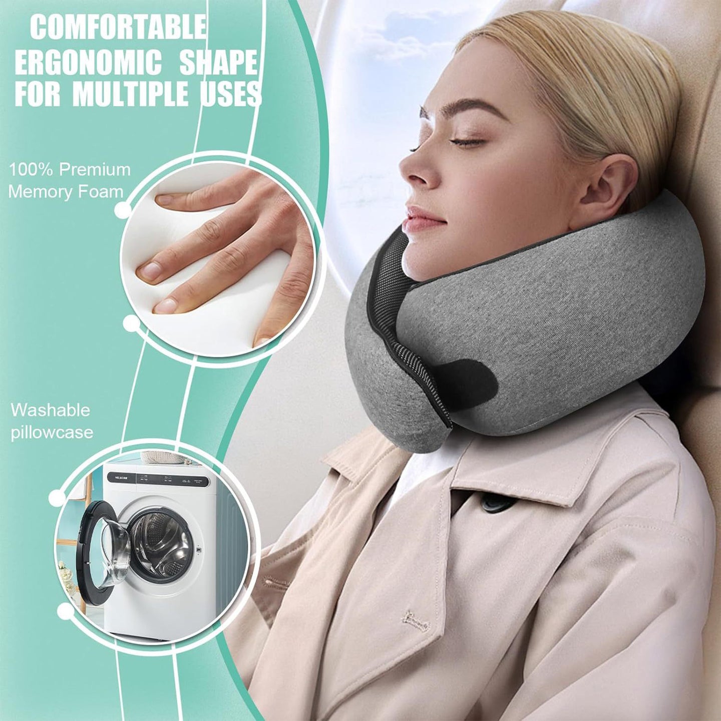 360° Ergonomic Memory Foam Travel Neck Pillow – Wrap-Around Chin Support