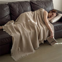 Cotton Waffle Knit Throw Blanket with Fringe – Boho Couch Cover & Cozy Quilt