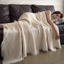 Cotton Waffle Knit Throw Blanket with Fringe – Boho Couch Cover & Cozy Quilt