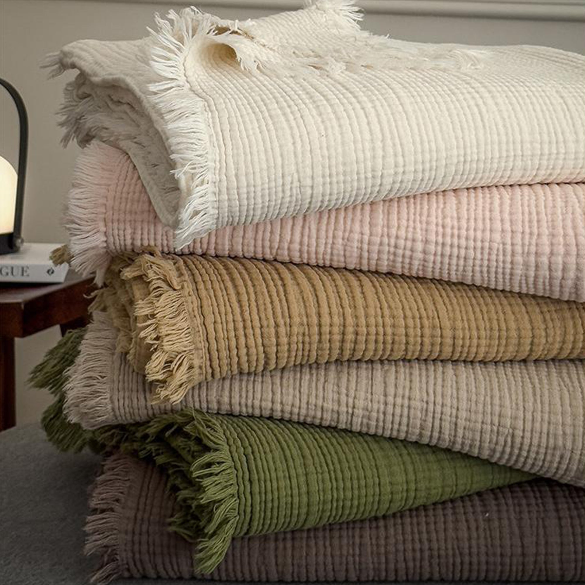 Cotton Waffle Knit Throw Blanket with Fringe – Boho Couch Cover & Cozy Quilt